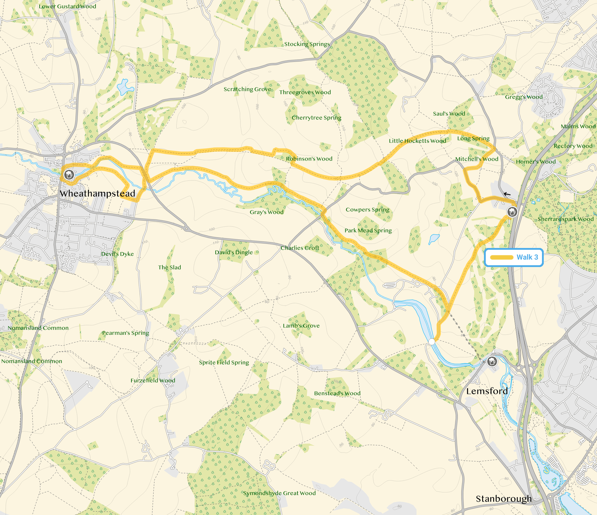 Route map for Longer Brocket Hall Adventure, an 8.5 mile circular walk in Hertfordshire