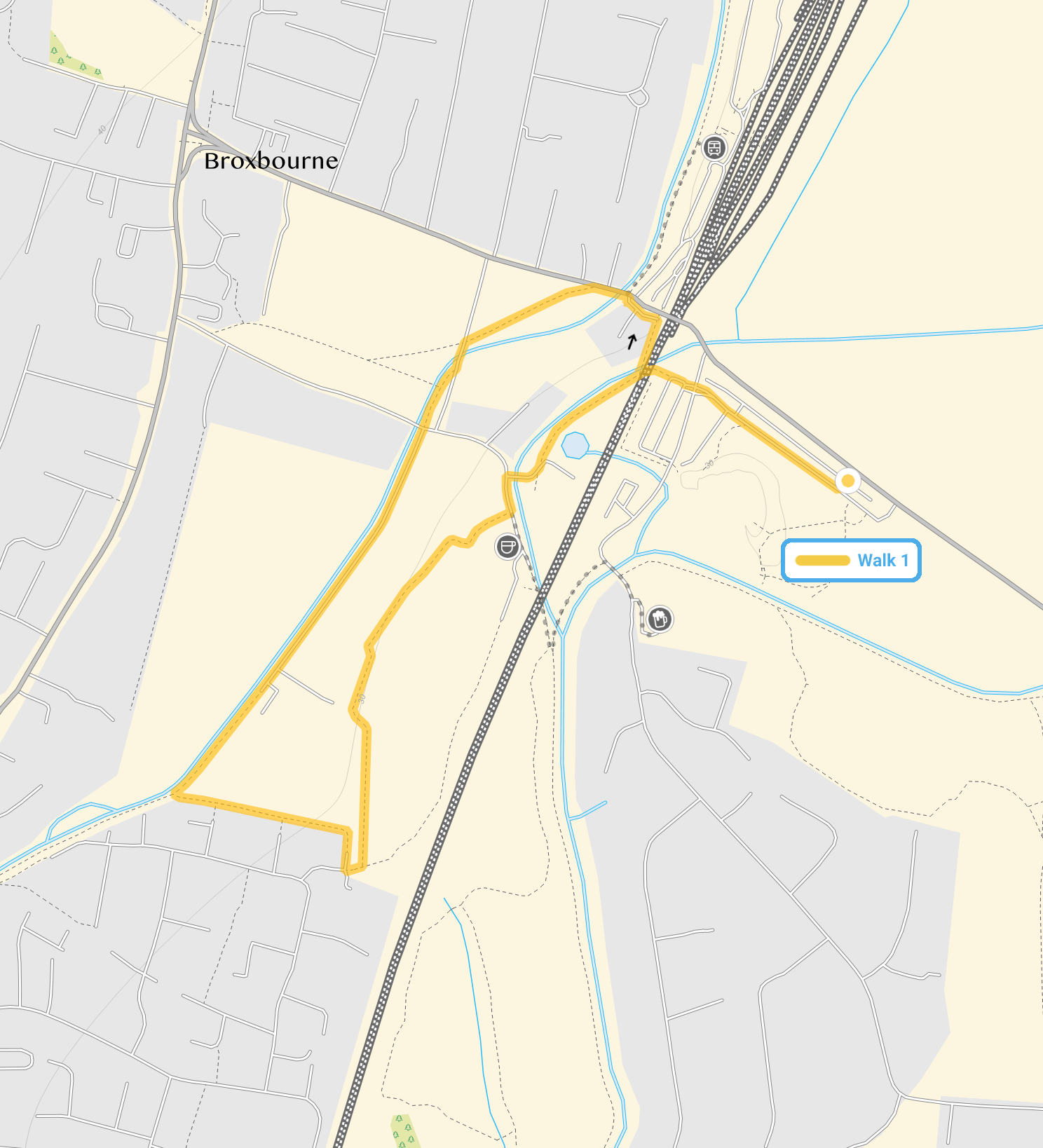 Route map for Broxbourne Walk 1, a 1.5 mile circular walk in Hertfordshire