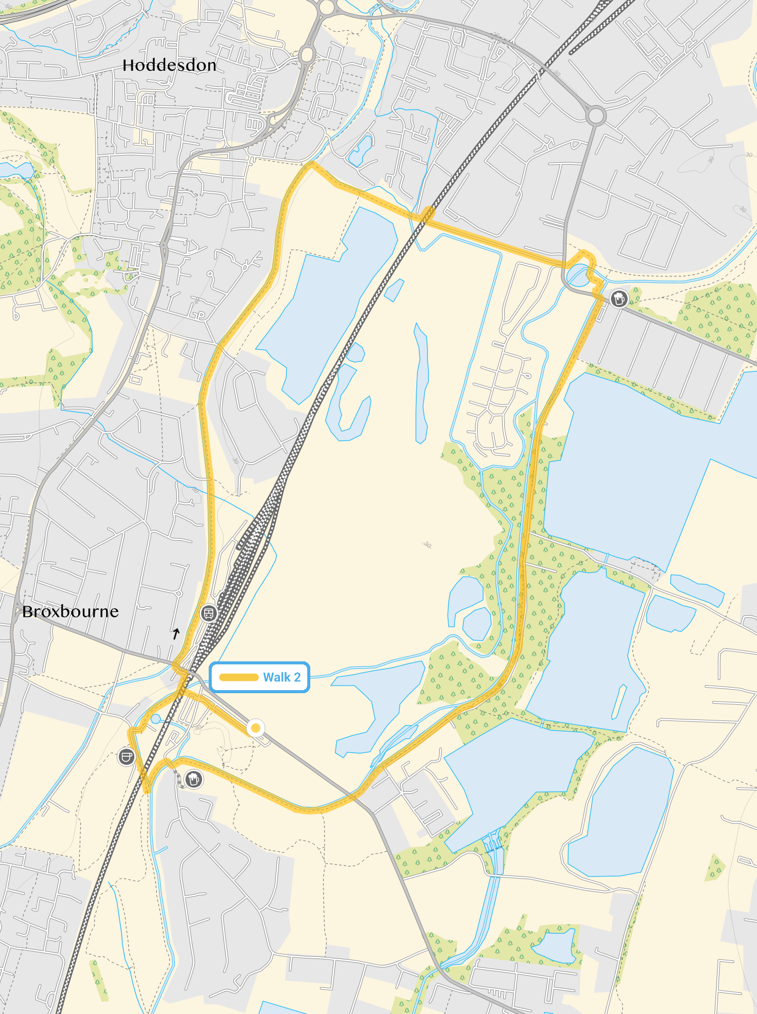 Route map for Broxbourne Walk 2, a 4 mile circular walk in Hertfordshire