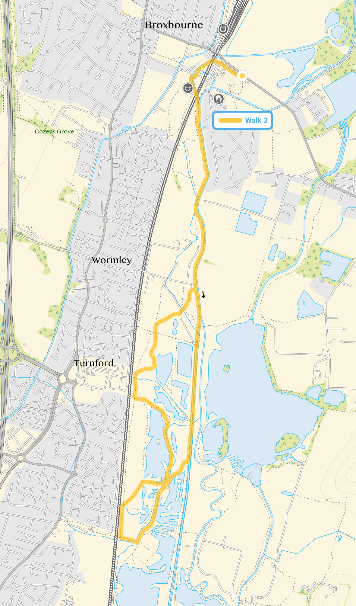 Route map for Broxbourne Walk 3, a 5.25 mile circular walk in Hertfordshire