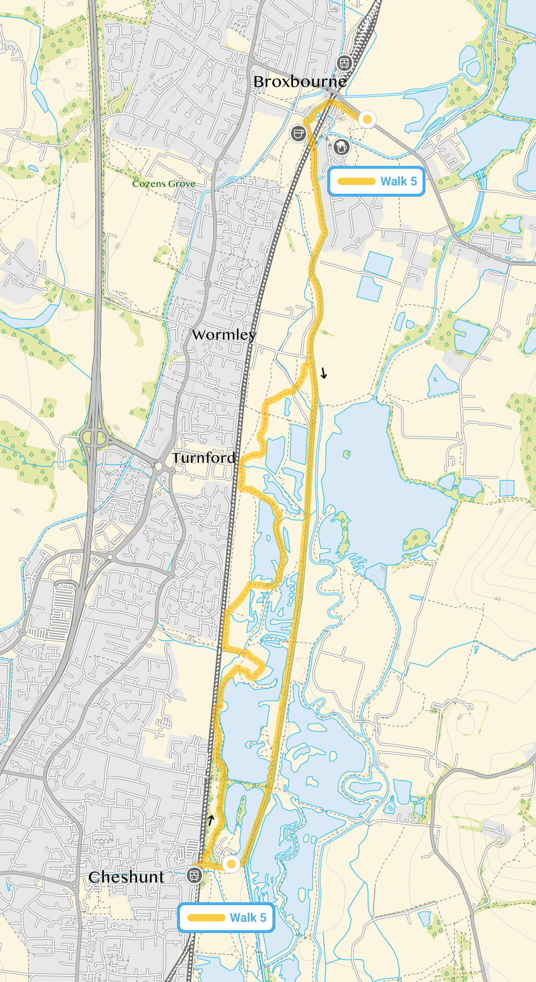 Route map for Broxbourne Walk 5, a 7.25 mile circular walk in Hertfordshire