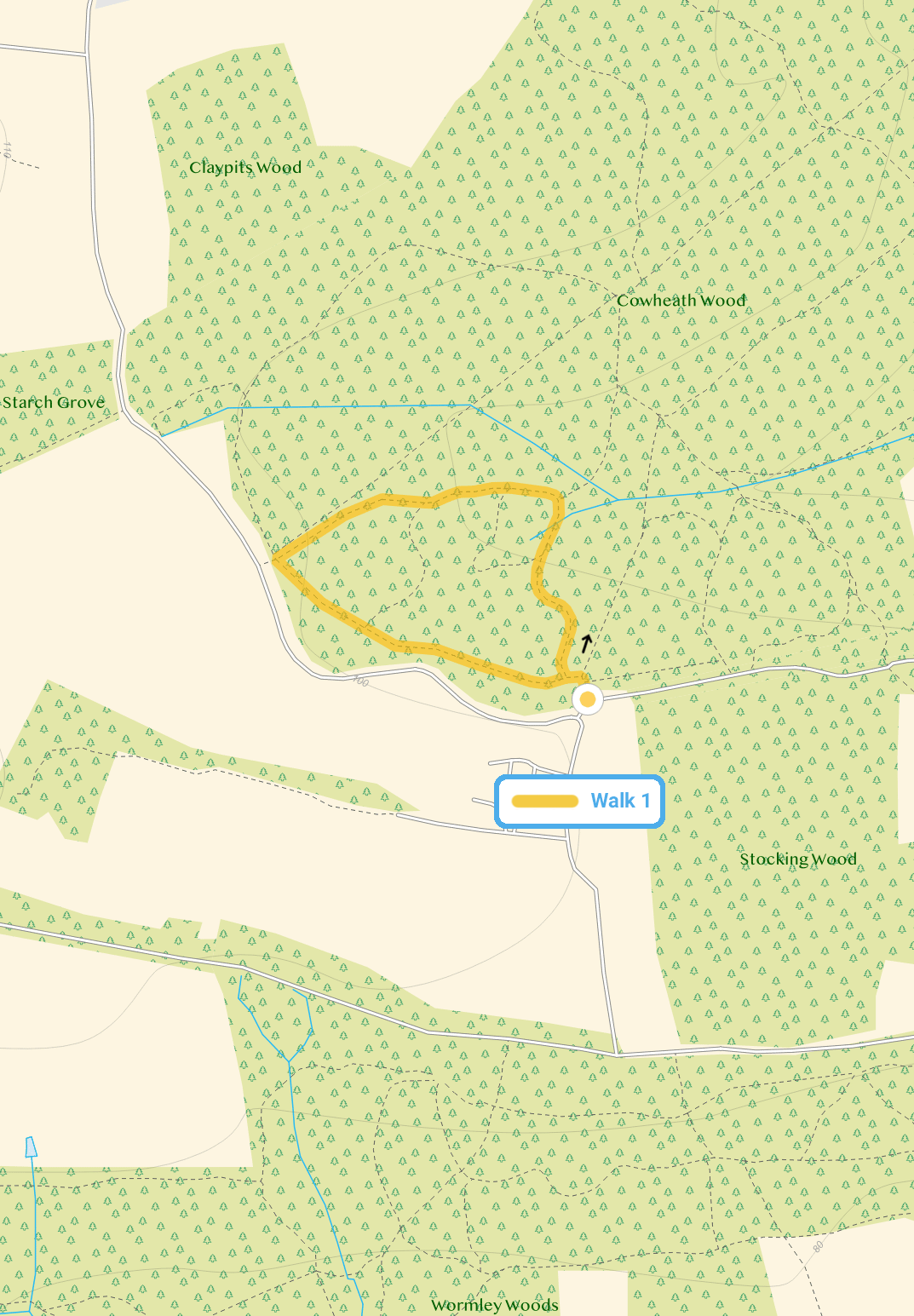 Route map for Broxbourne Woods Walk 1, a 0.75 mile circular walk in Hertfordshire