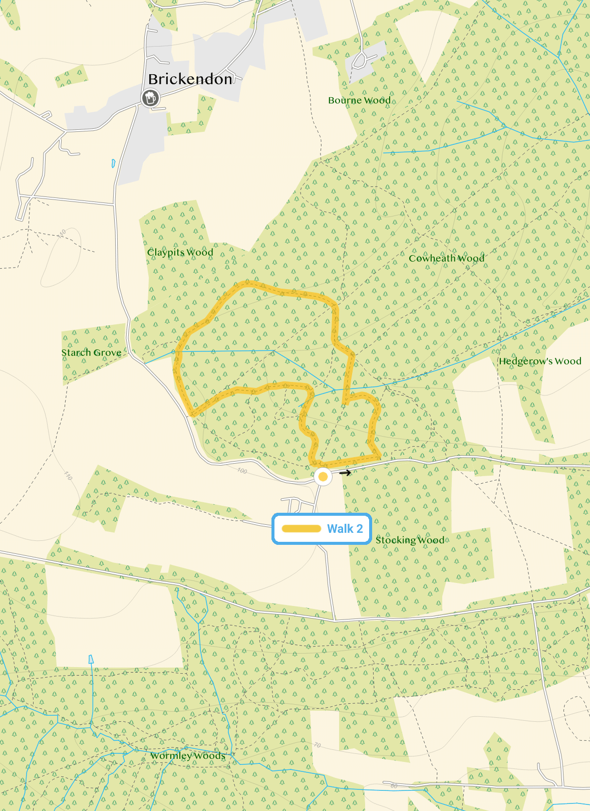 Route map for Broxbourne Woods Walk 2, a 1.5 mile circular walk in Hertfordshire