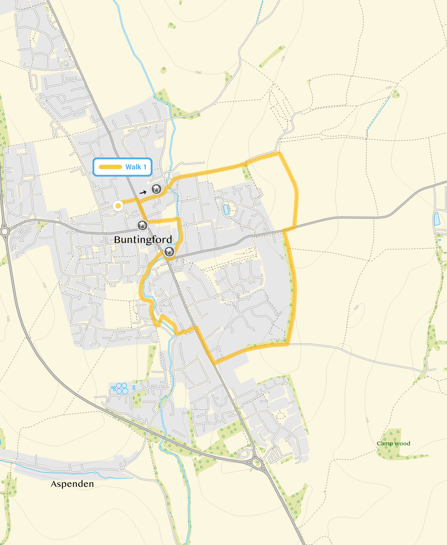 Route map for Buntingford Walk 1, a 2.25 mile circular walk in Hertfordshire