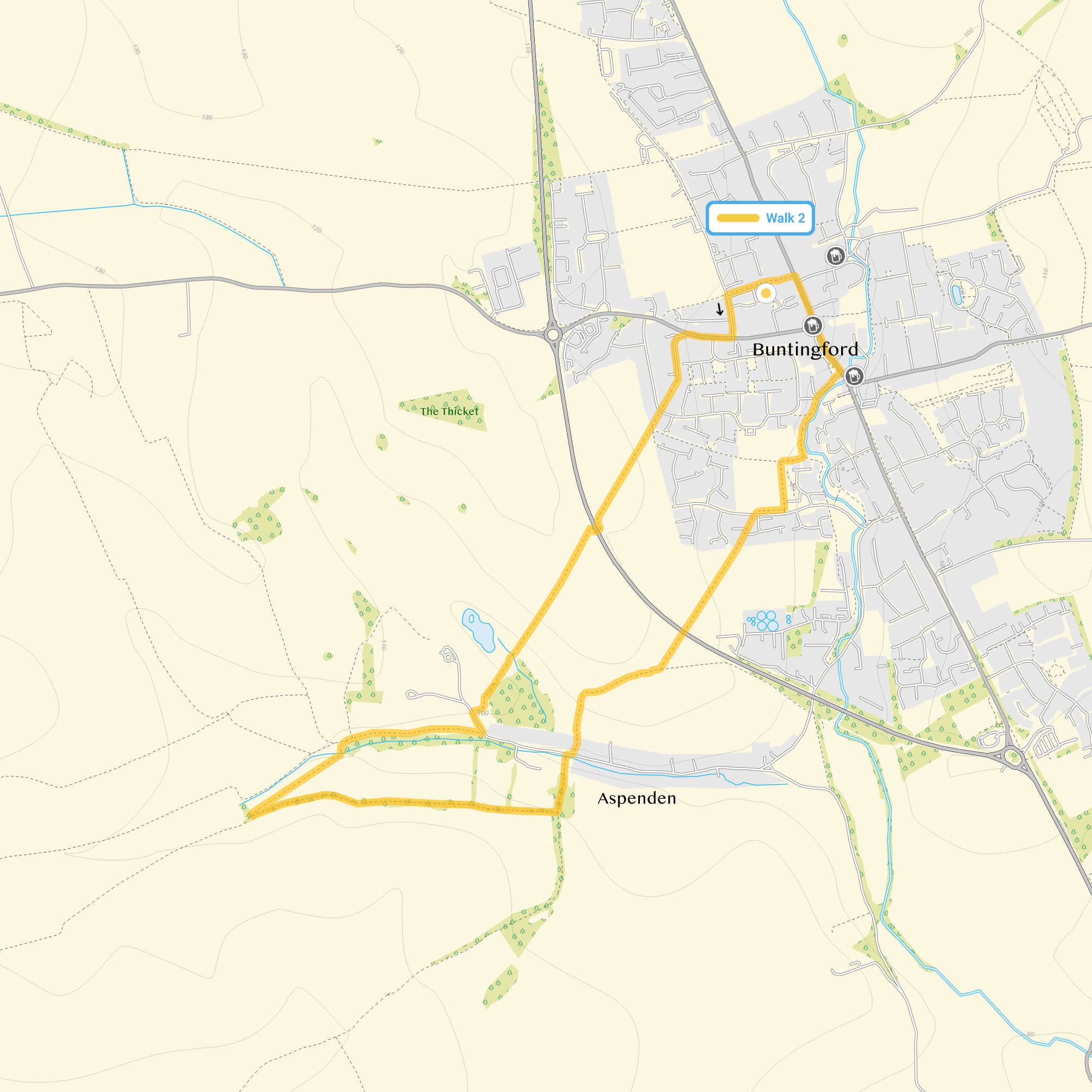 Route map for Buntingford Walk 2, a 3.25 mile circular walk in Hertfordshire