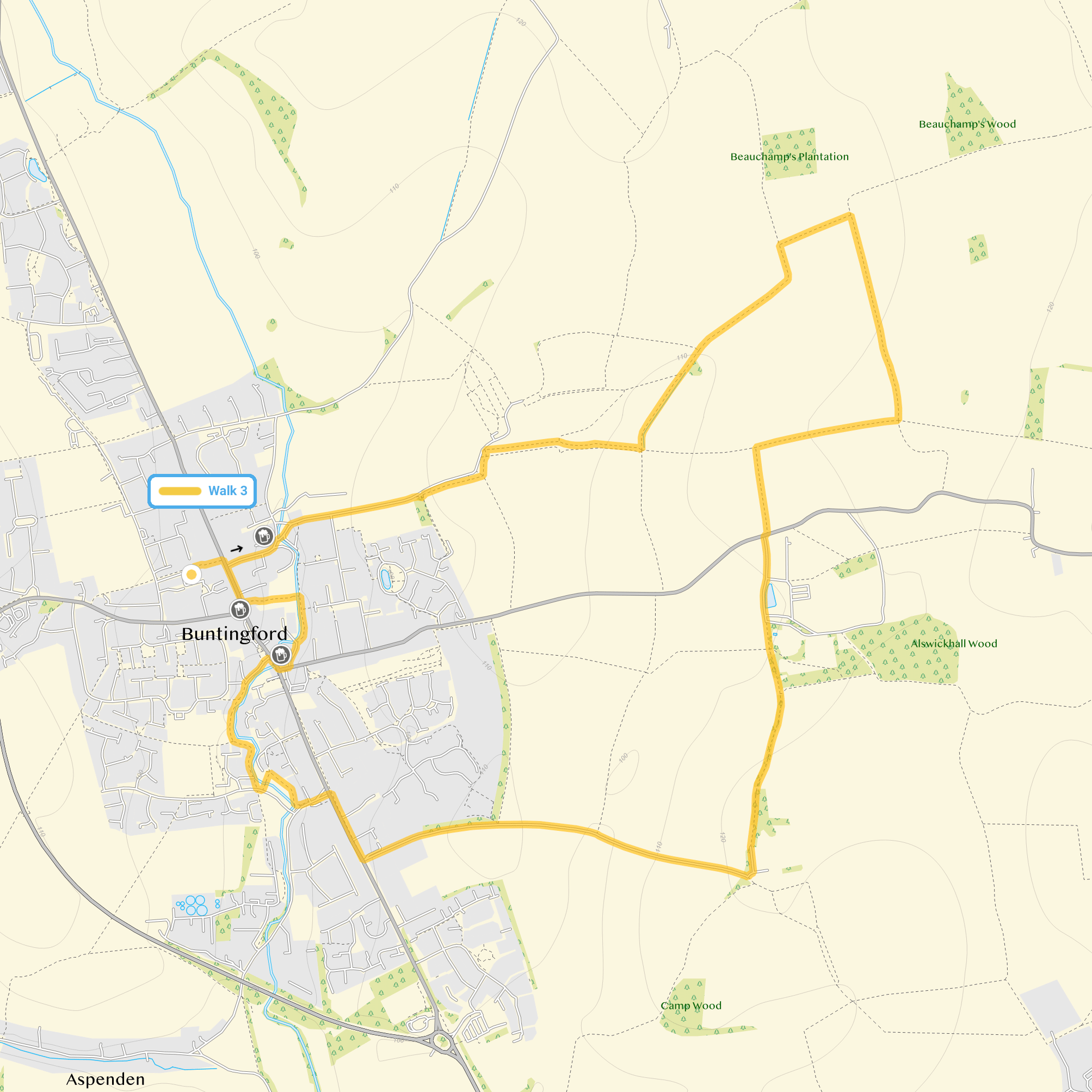 Route map for Buntingford Walk 3, a 4.25 mile circular walk in Hertfordshire