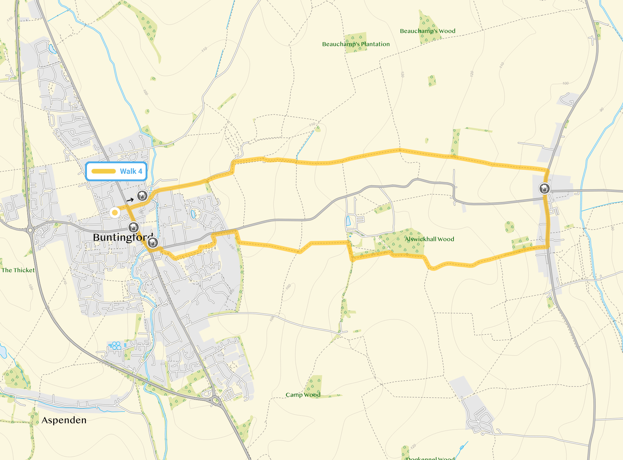 Route map for Buntingford Walk 4, a 4.5 mile circular walk in Hertfordshire