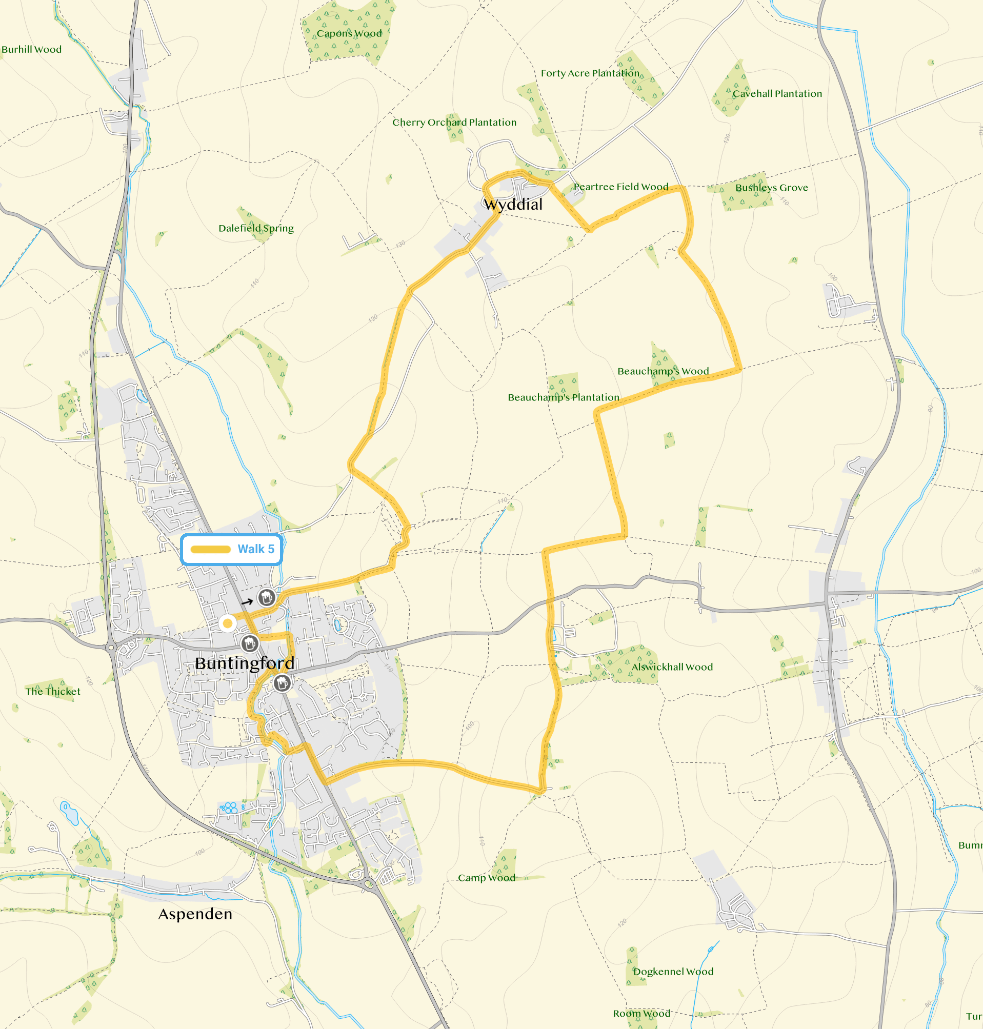 Route map for Buntingford Walk 5, a 6.75 mile circular walk in Hertfordshire