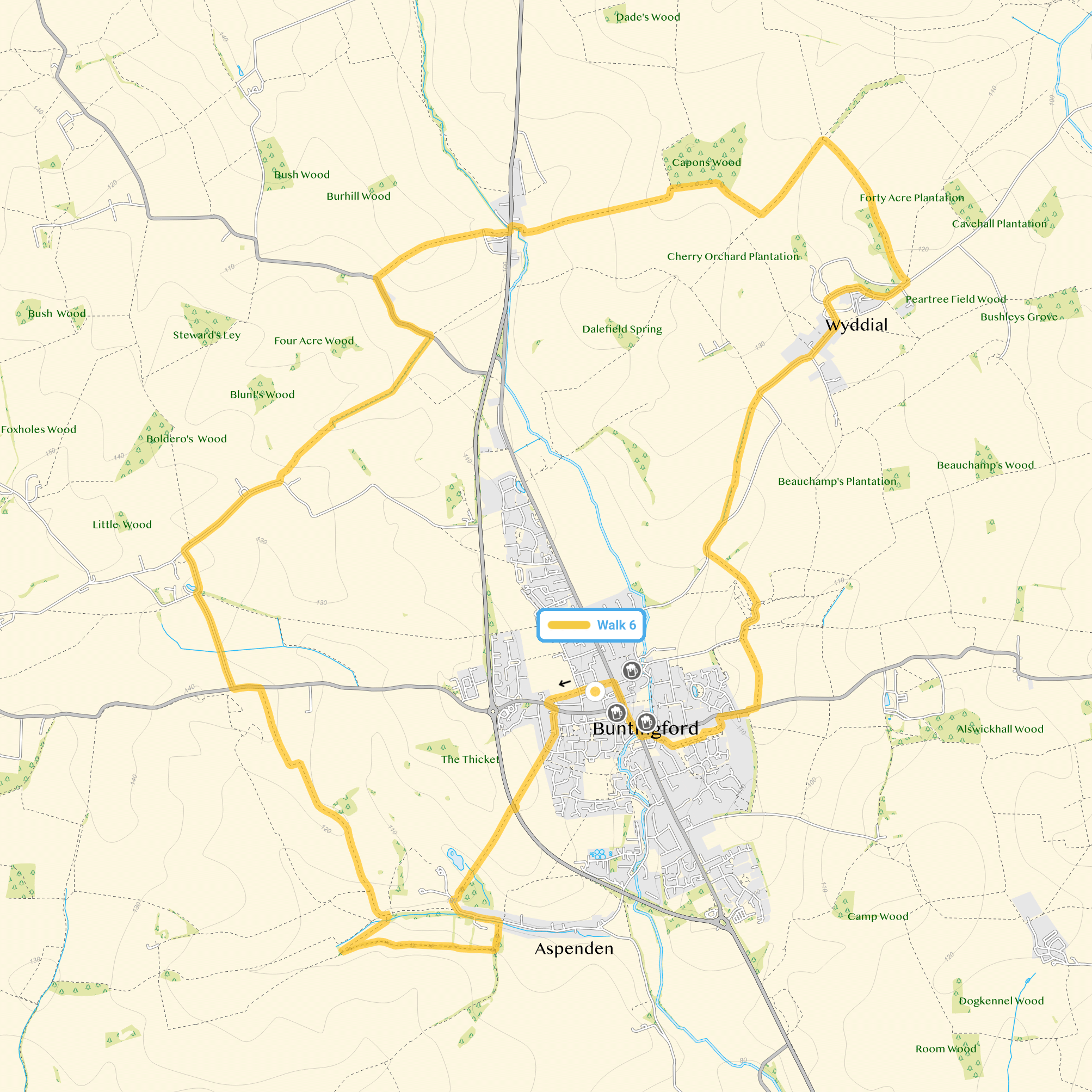 Route map for Buntingford Walk 6, a 10 mile circular walk in Hertfordshire