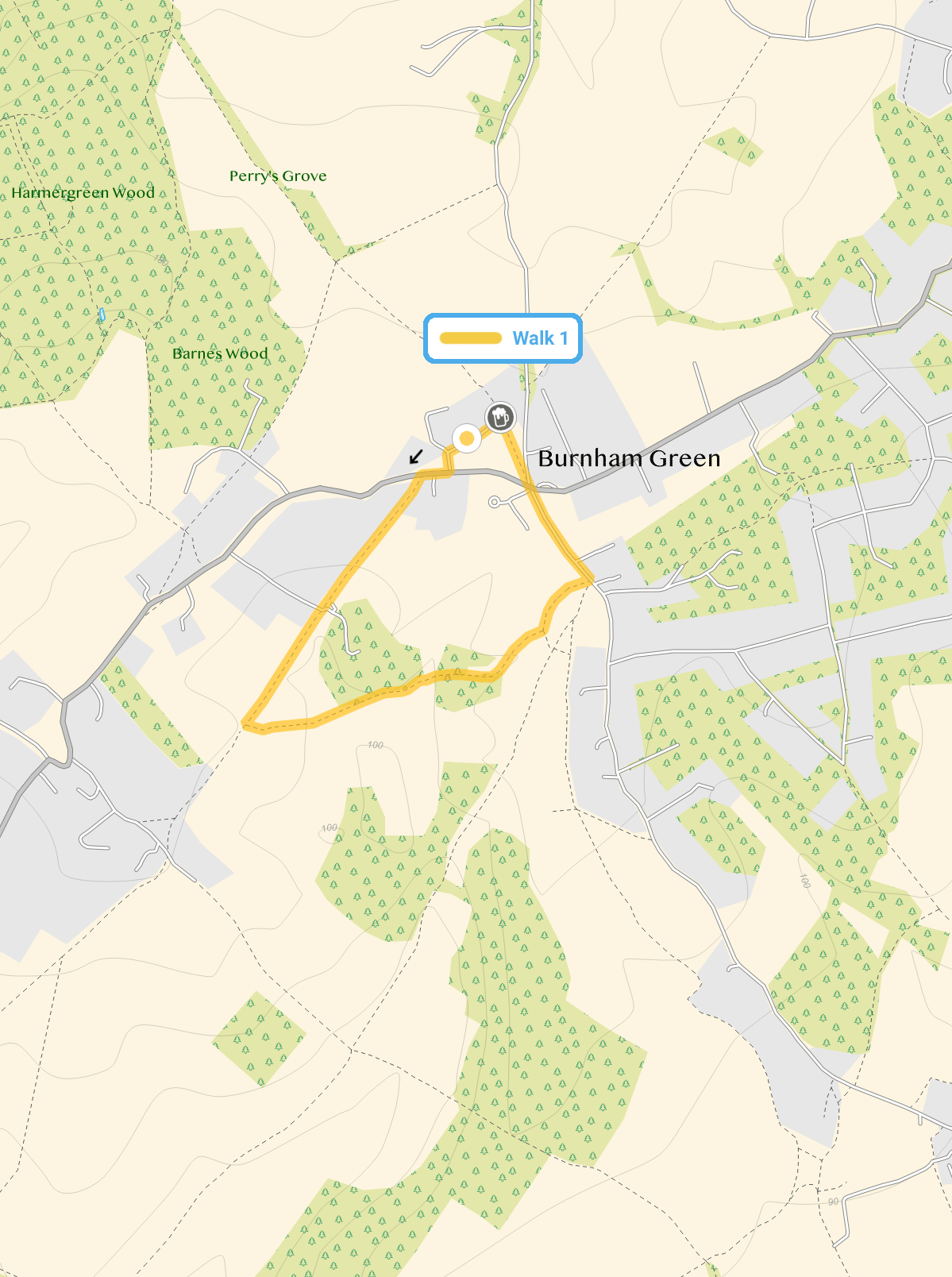 Route map for Burnham Green Walk 1, a 1.25 mile circular walk in Hertfordshire