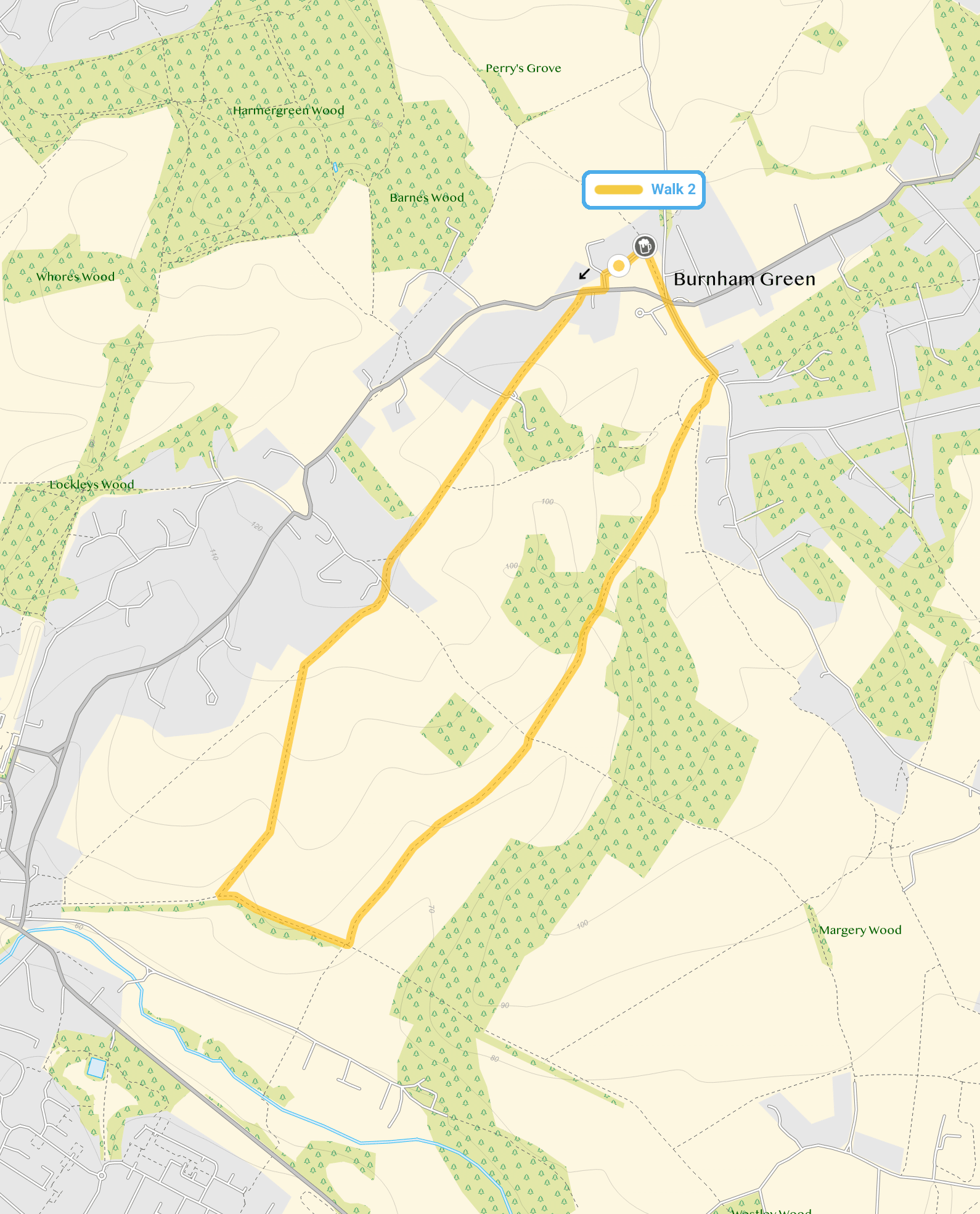 Route map for Burnham Green Walk 2, a 2.75 mile circular walk in Hertfordshire