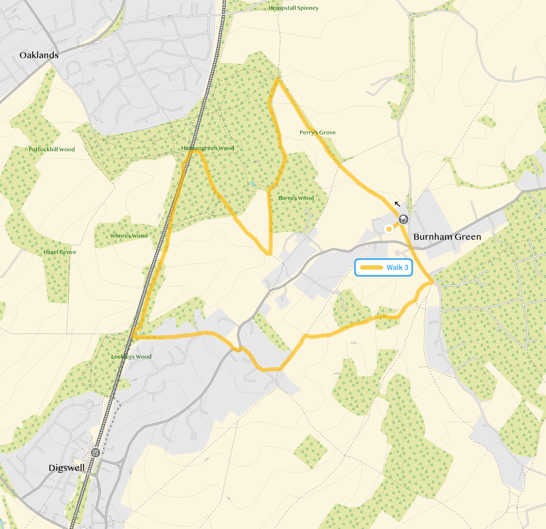 Route map for Burnham Green Walk 3, a 3.75 mile circular walk in Hertfordshire