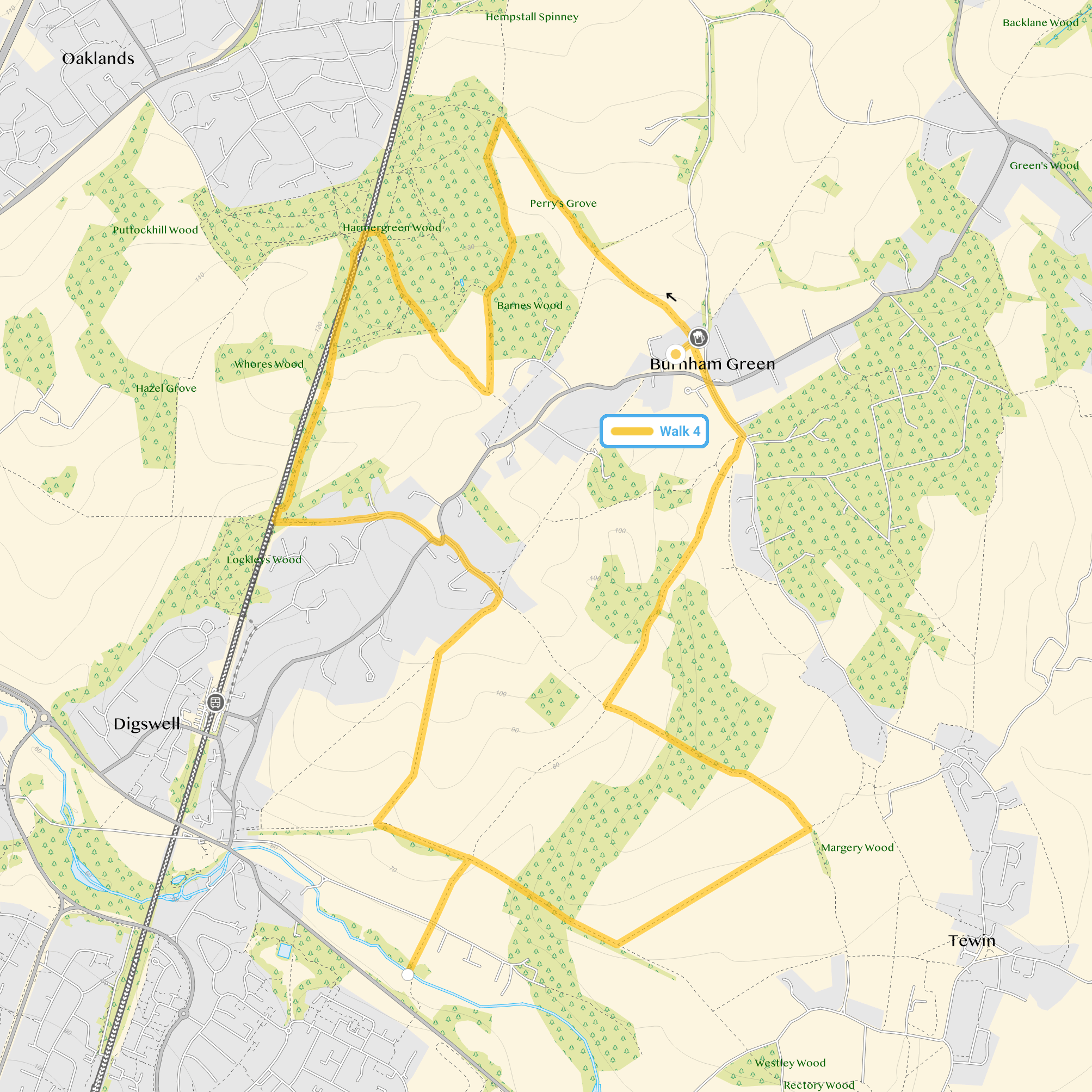 Route map for Burnham Green Walk 4, a 5.75 mile circular walk in Hertfordshire