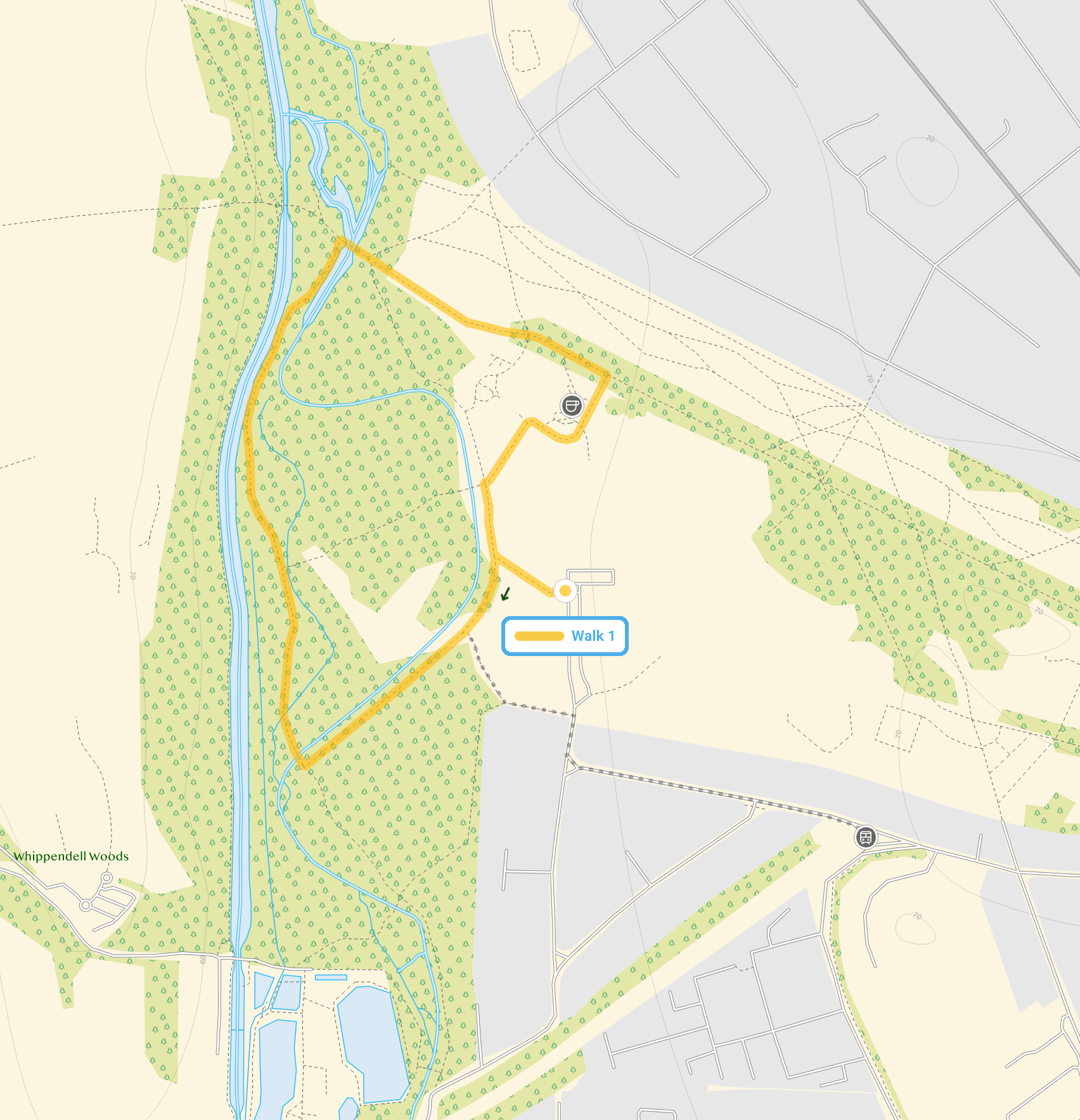 Route map for Cassiobury Park Walk 1, a 1.25 mile circular walk in Hertfordshire