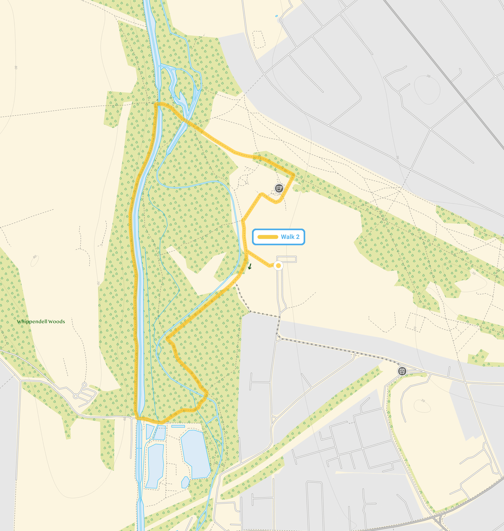 Route map for Cassiobury Park Walk 2, a 1.75 mile circular walk in Hertfordshire