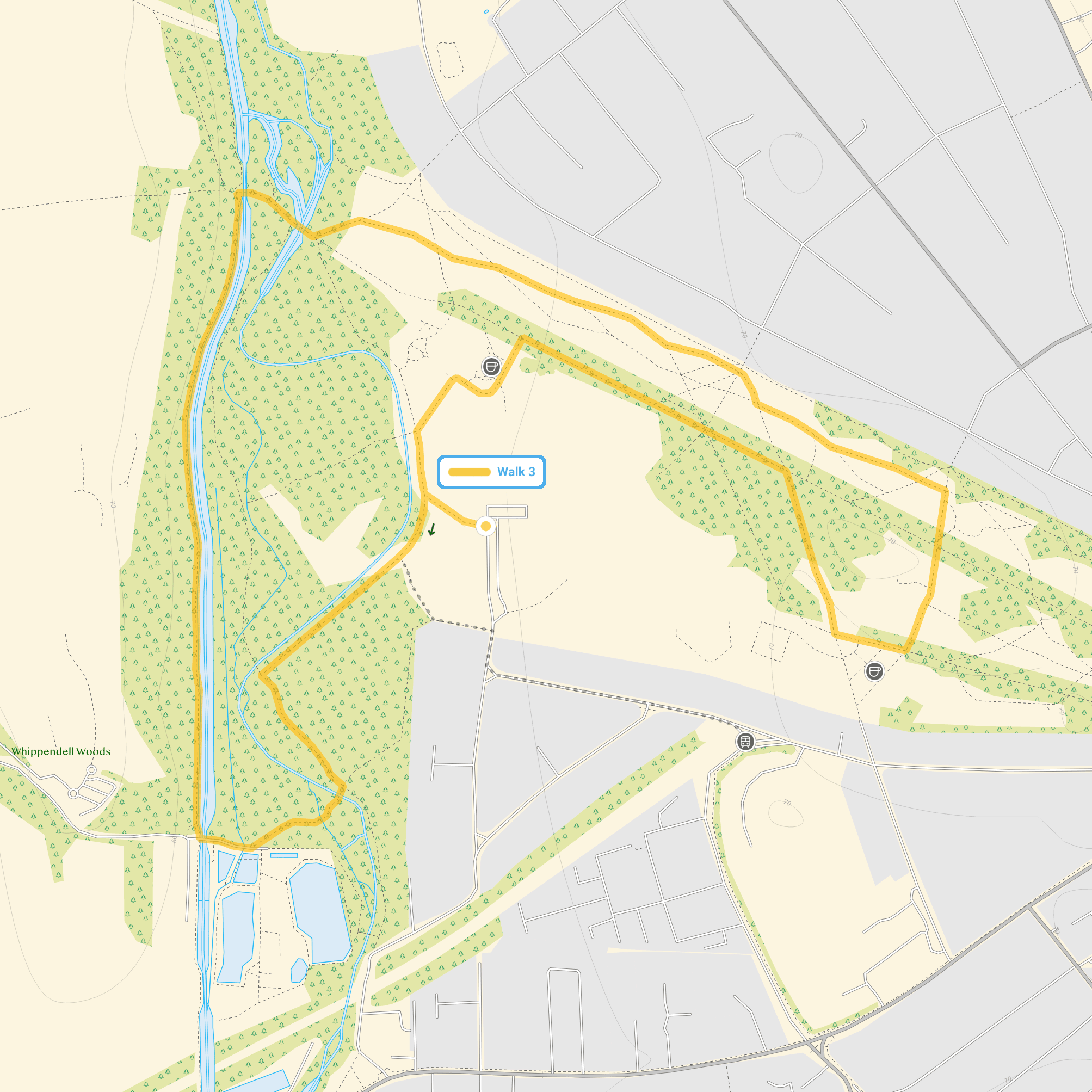 Route map for Cassiobury Park Walk 3, a 2.5 mile circular walk in Hertfordshire