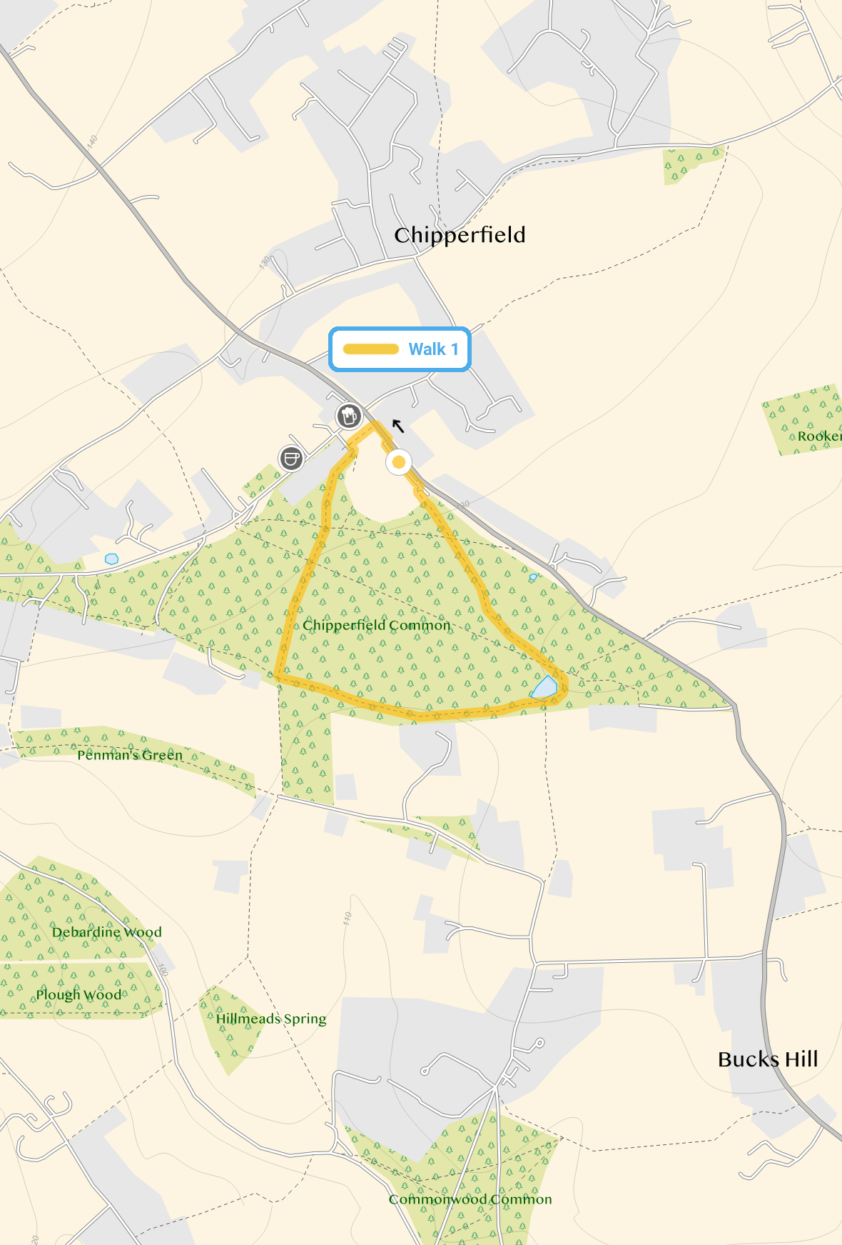 Route map for Chipperfield Common Walk 1, a 1.25 mile circular walk in Hertfordshire