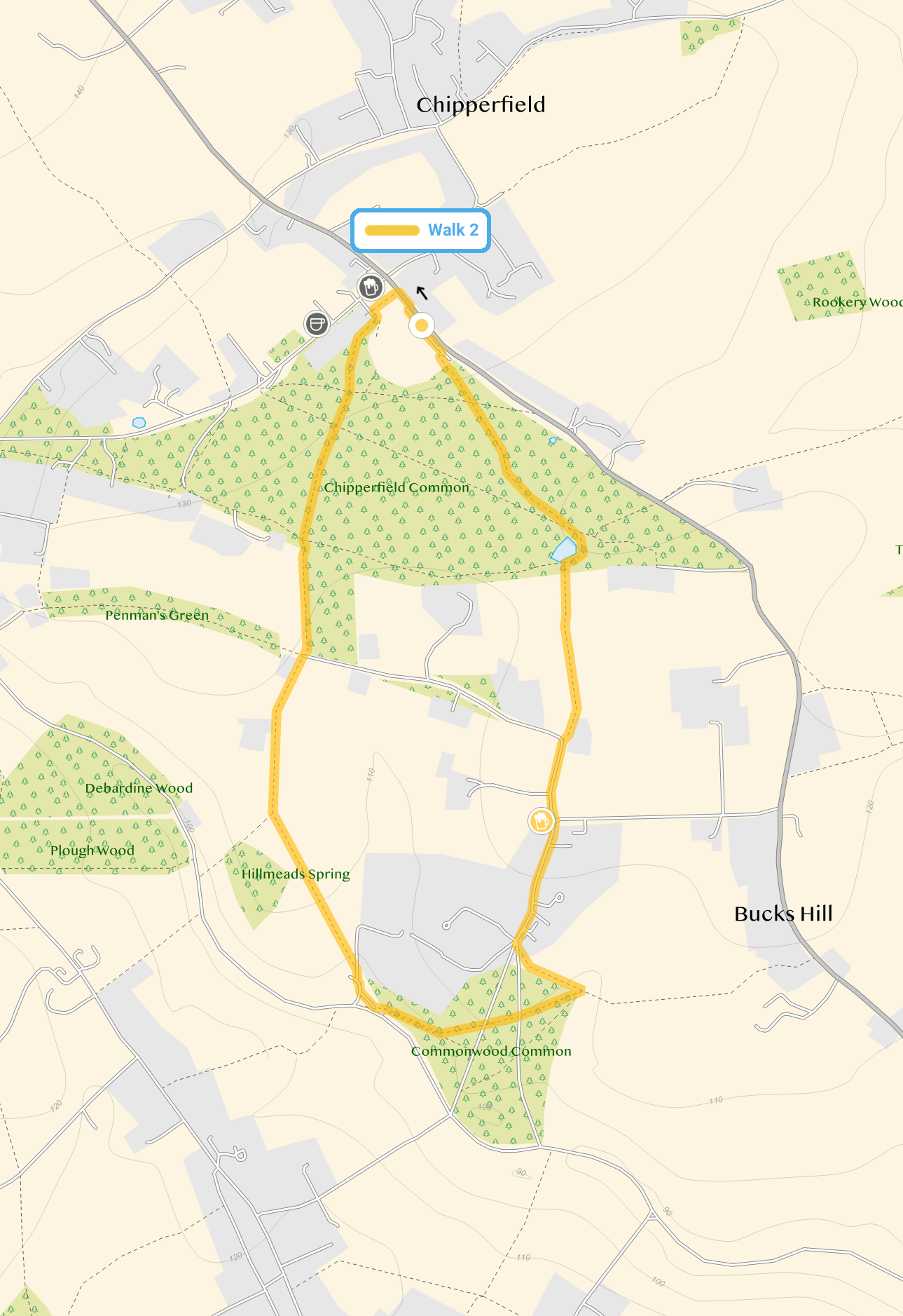 Route map for Chipperfield Common Walk 2, a 2.5 mile circular walk in Hertfordshire
