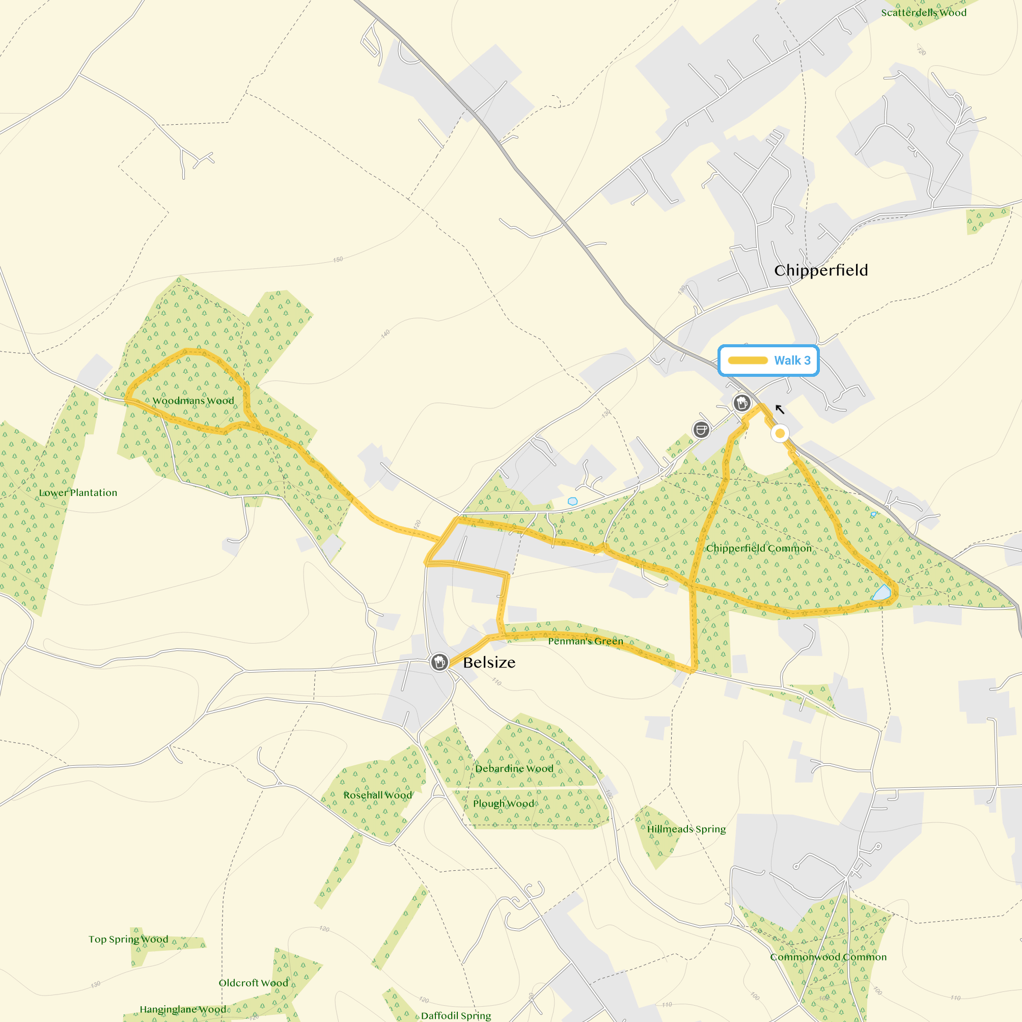 Route map for Chipperfield Common Walk 3, a 4 mile circular walk in Hertfordshire
