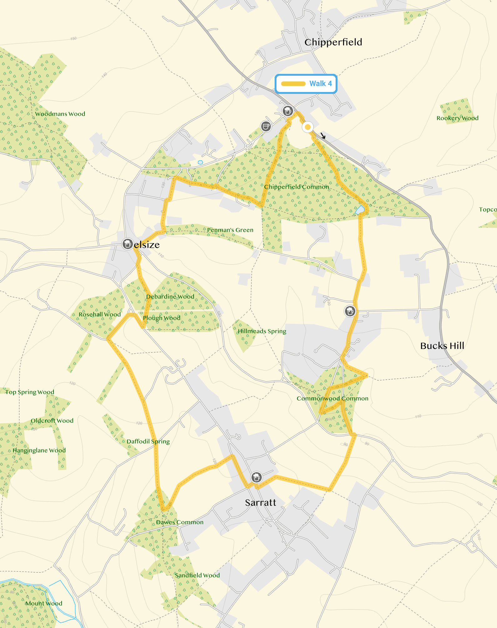 Route map for Chipperfield Common Walk 4, a 4.75 mile circular walk in Hertfordshire
