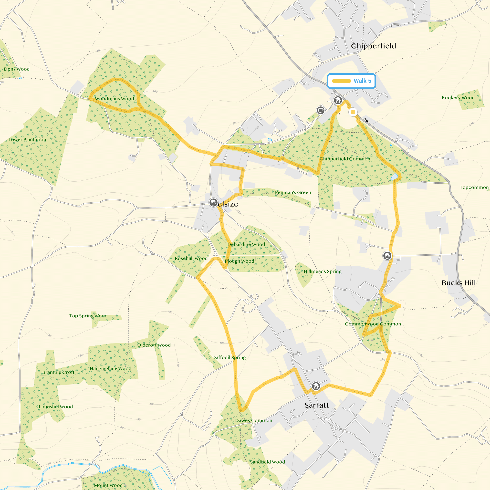 Route map for Chipperfield Common Walk 5, a 6.25 mile circular walk in Hertfordshire