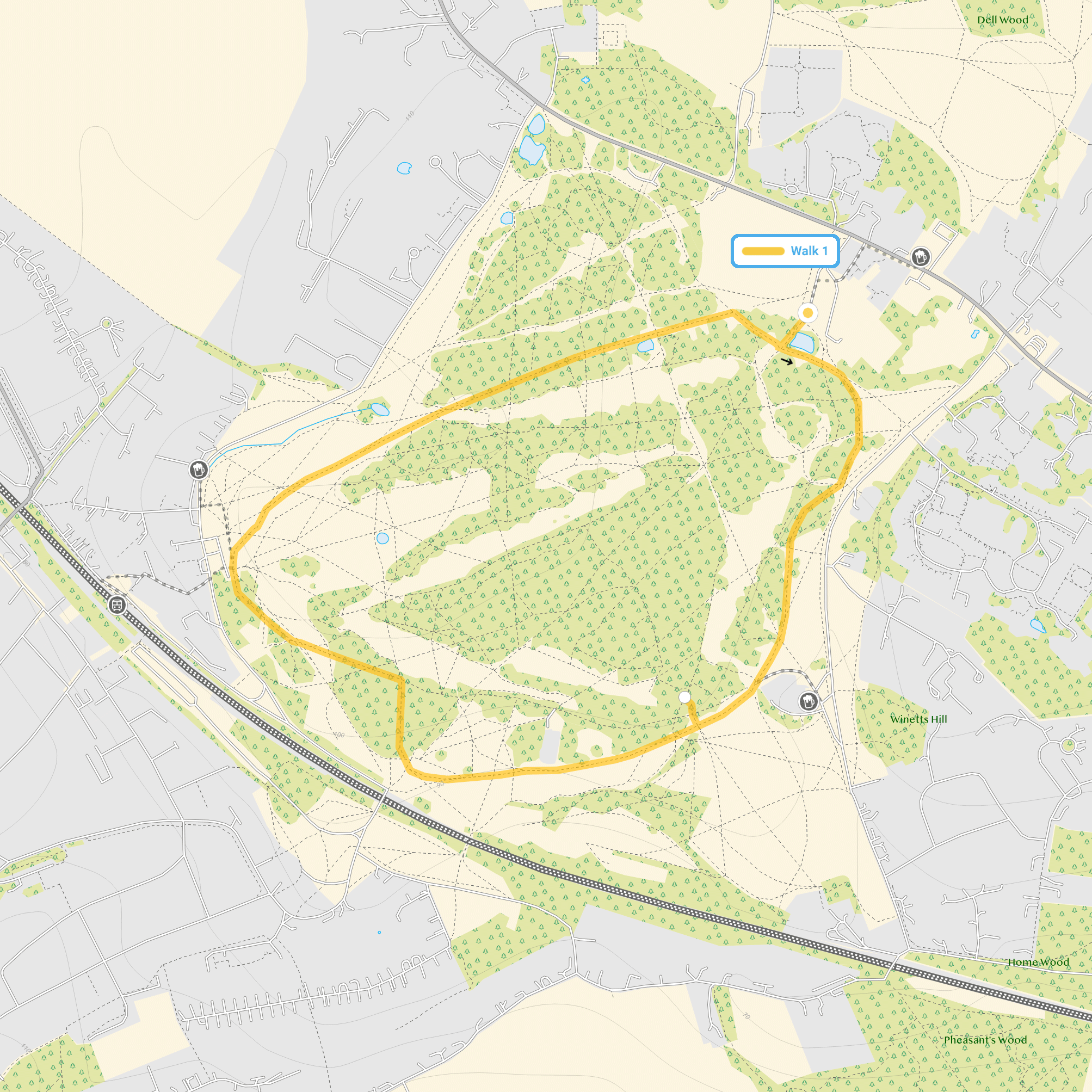 Route map for Chorleywood Common Walk, a 1.5 mile circular walk in Hertfordshire