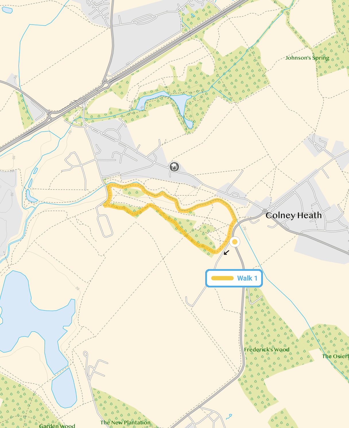 Route map for Colney Heath Walk 1, a 1 mile circular walk in Hertfordshire