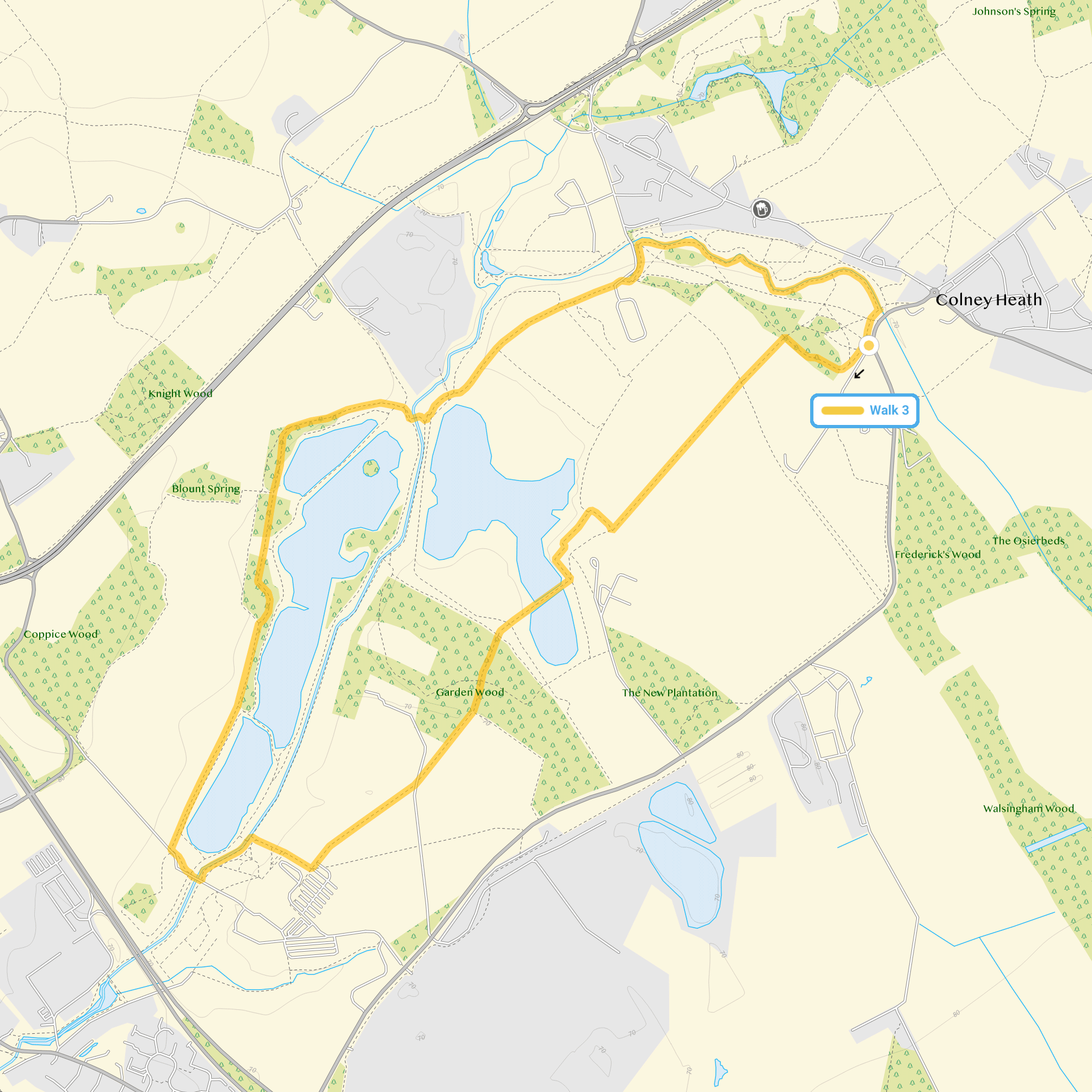 Route map for Colney Heath Walk 3, a 3.75 mile circular walk in Hertfordshire