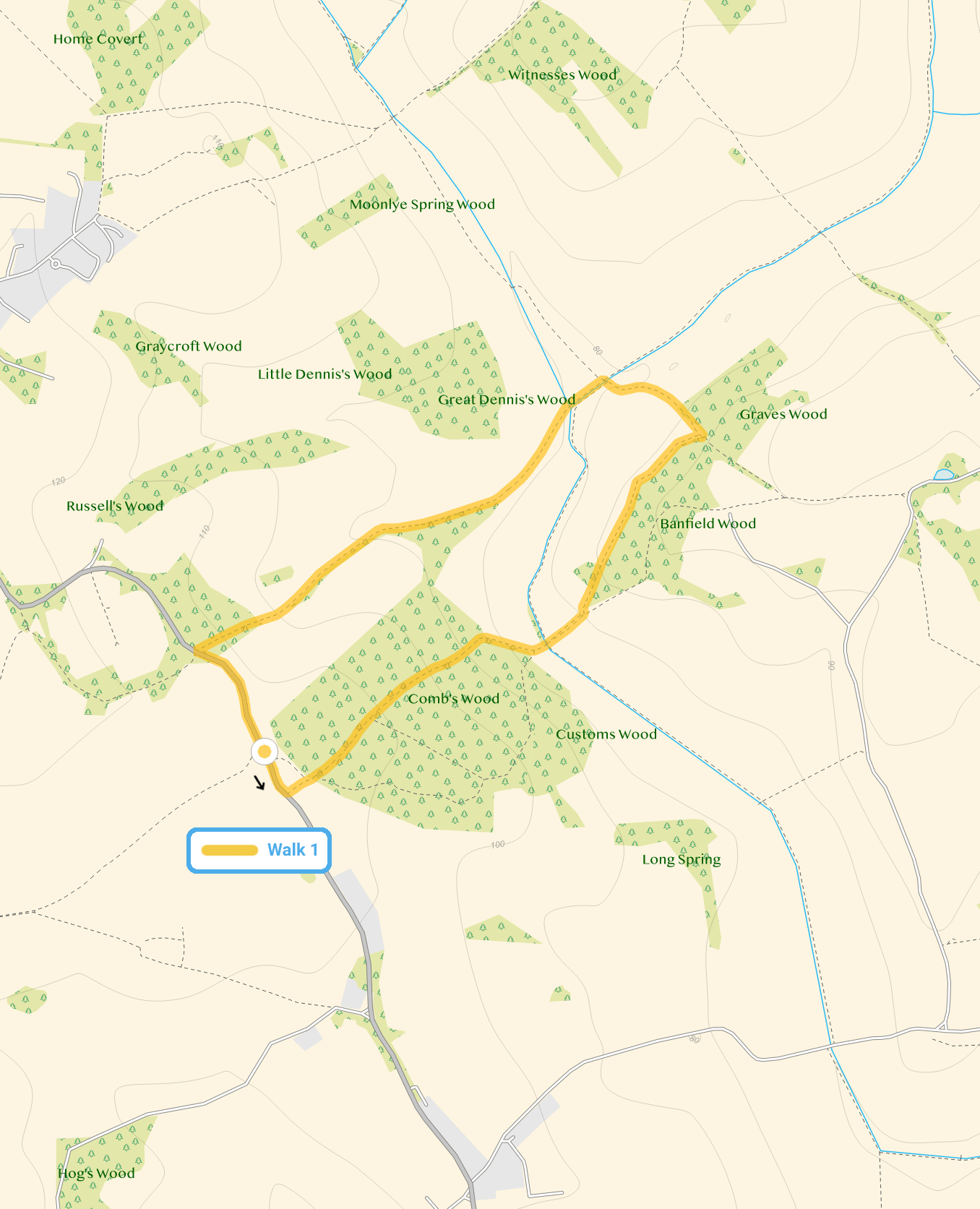 Route map for Comb's Wood Walk 1, a 1.75 mile circular walk in Hertfordshire