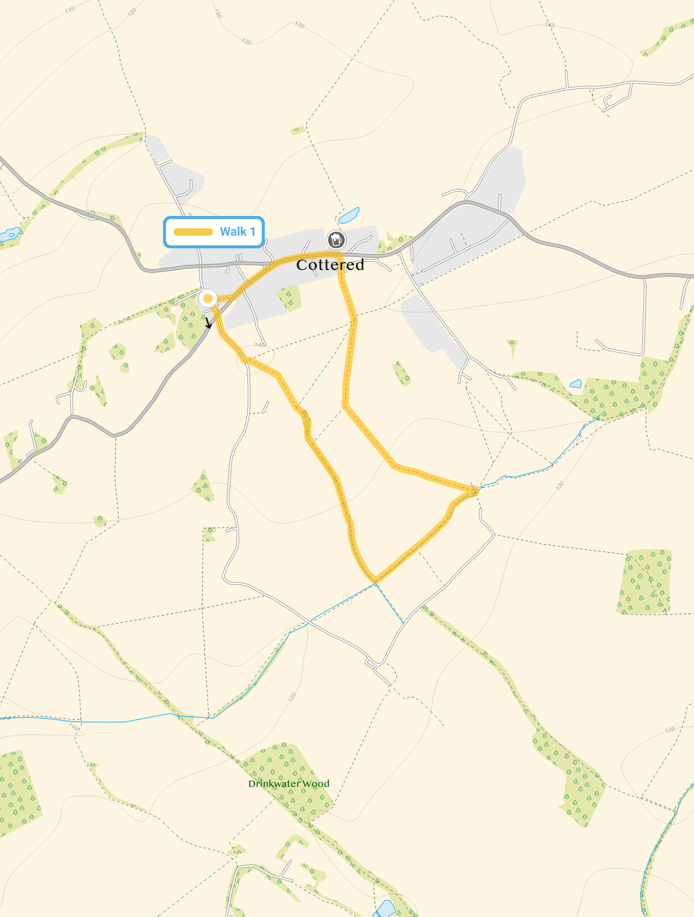 Route map for Cottered Walk 1, a 1.75 mile circular walk in Hertfordshire