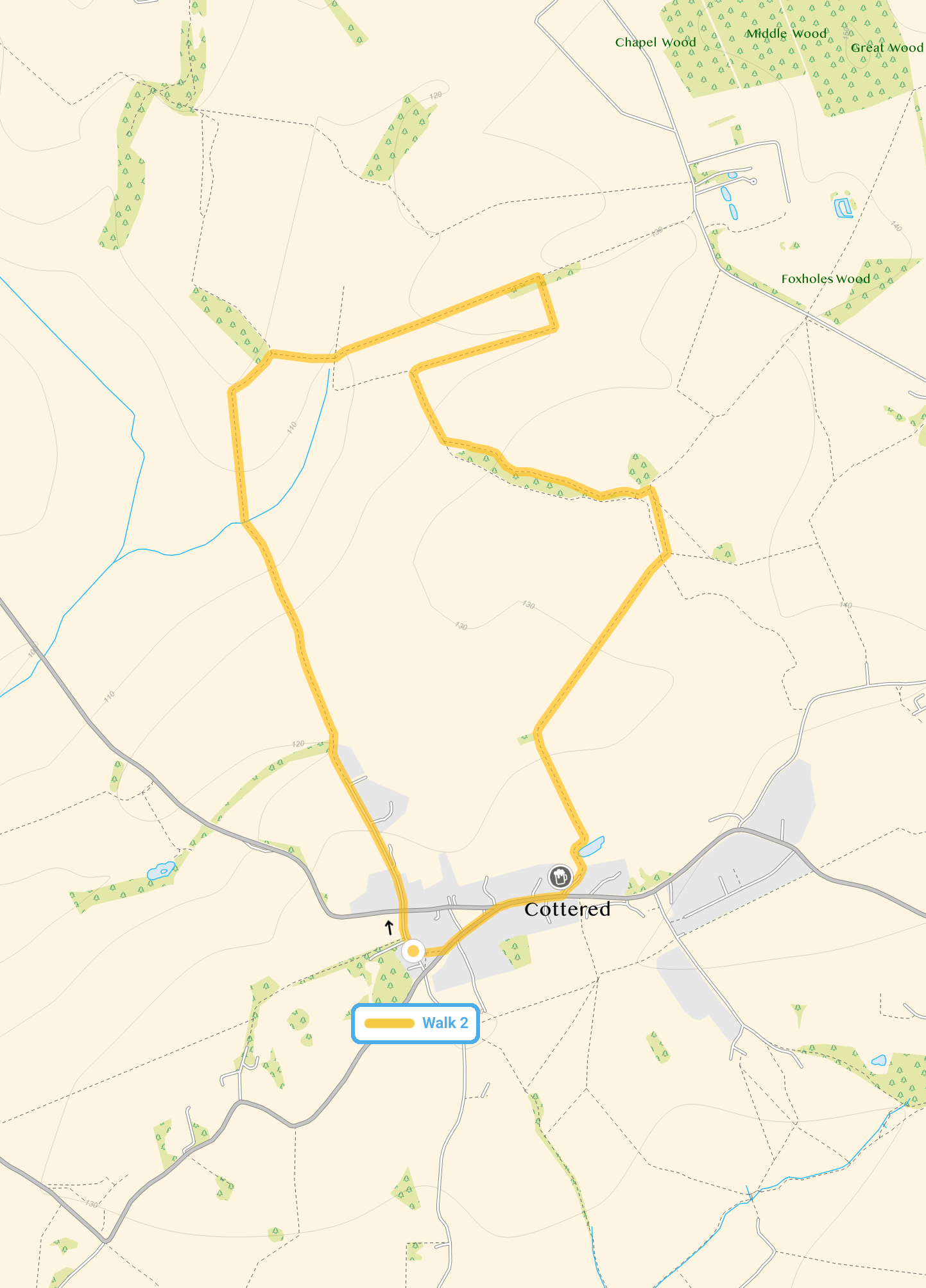 Route map for Cottered Walk 2, a 3 mile circular walk in Hertfordshire