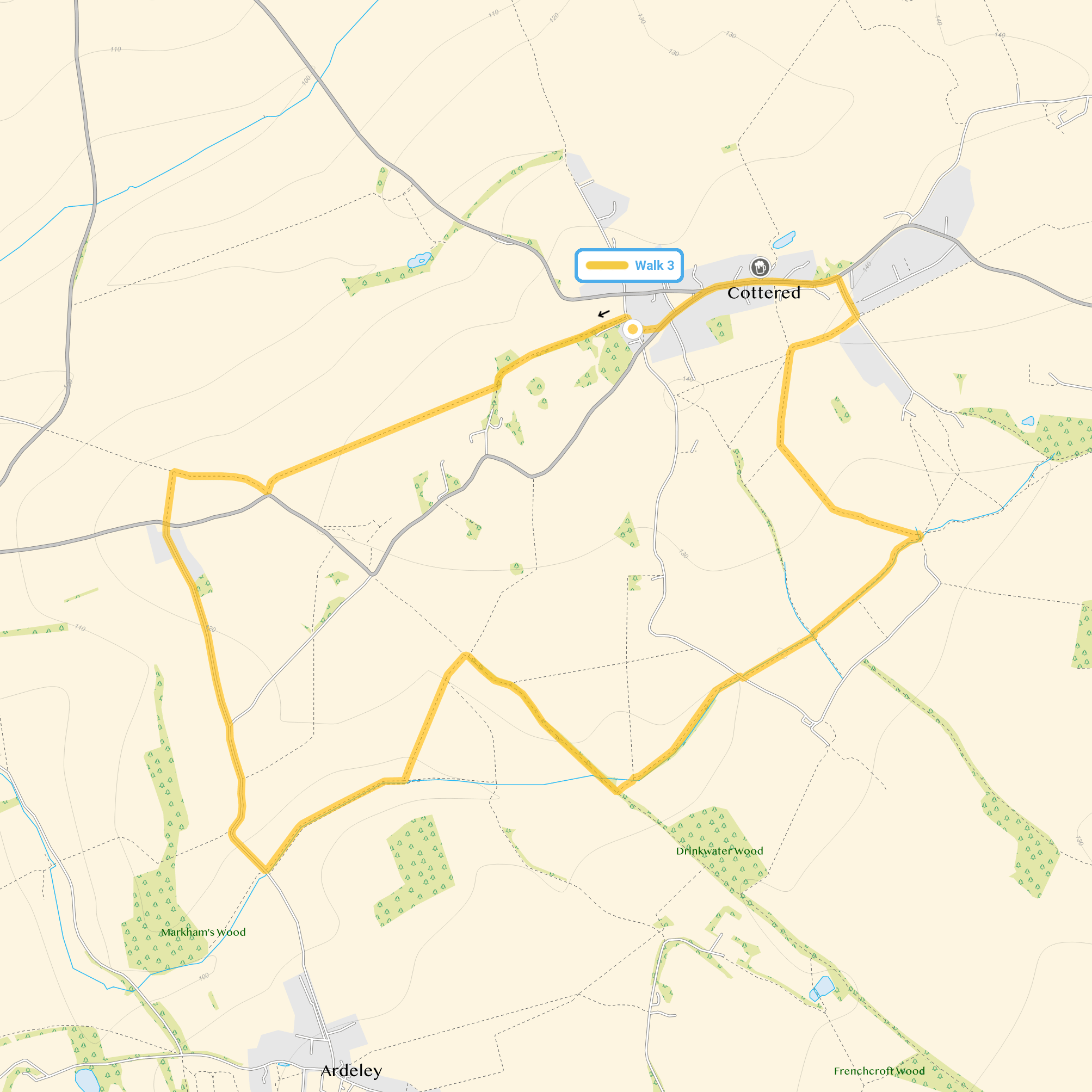 Route map for Cottered Walk 3, a 4.25 mile circular walk in Hertfordshire