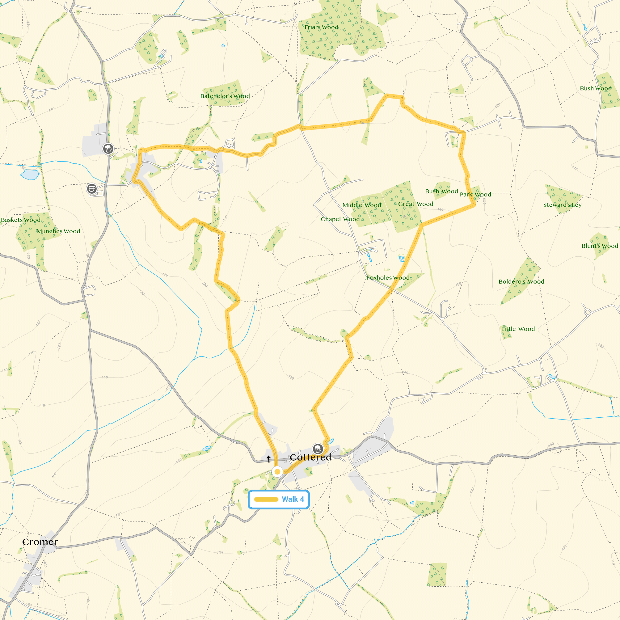 Route map for Cottered Walk 4, a 6.25 mile circular walk in Hertfordshire