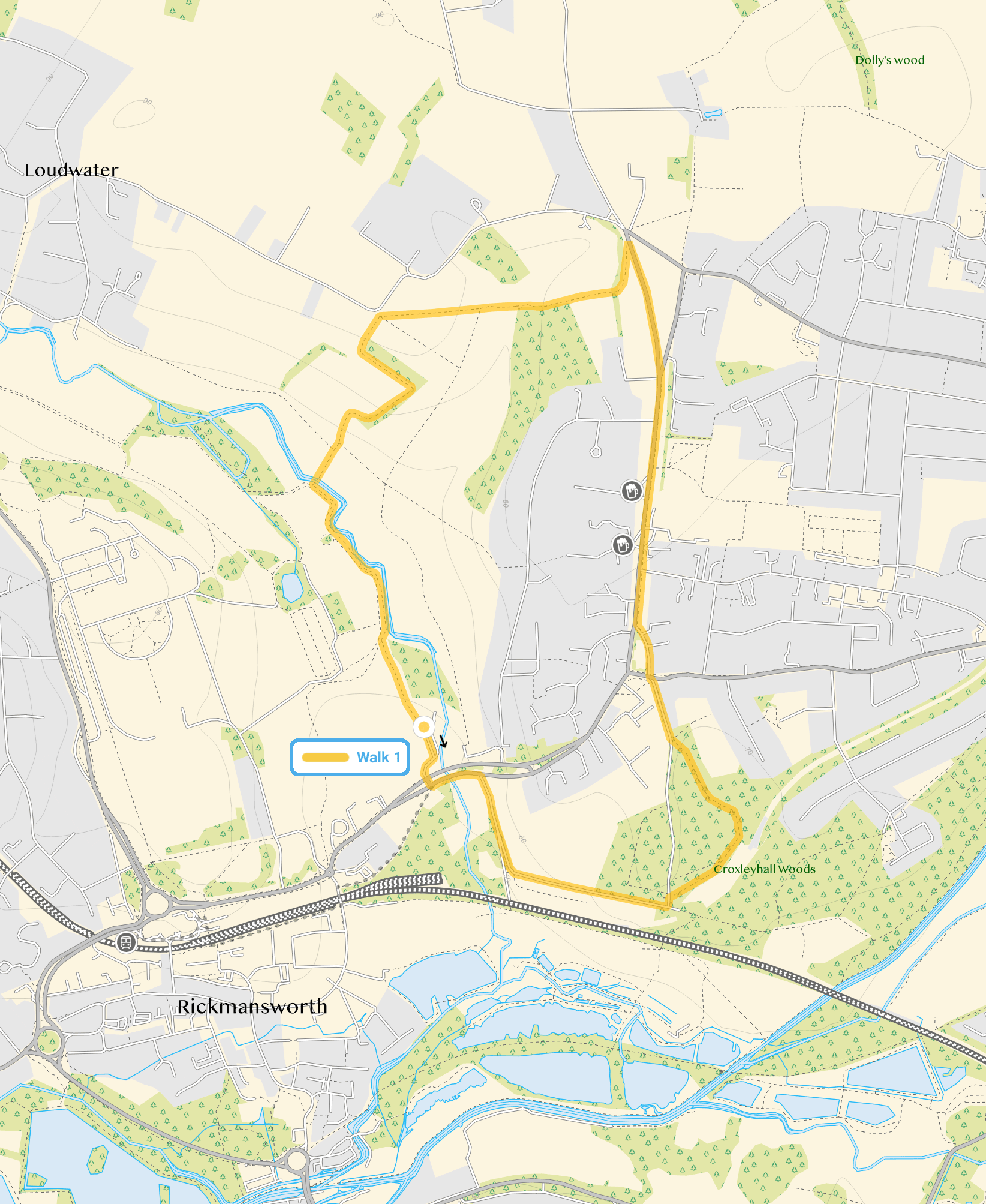 Route map for Croxley Green Walk 1, a 3 mile circular walk in Hertfordshire