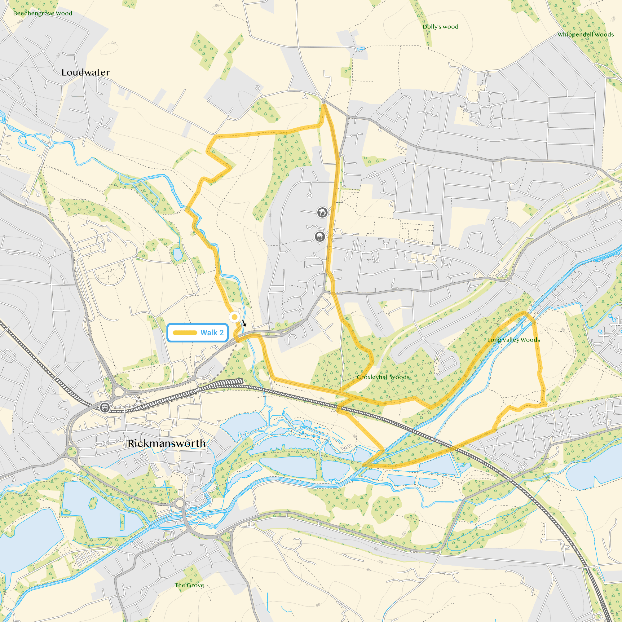 Route map for Croxley Green Walk 2, a 5.25 mile circular walk in Hertfordshire