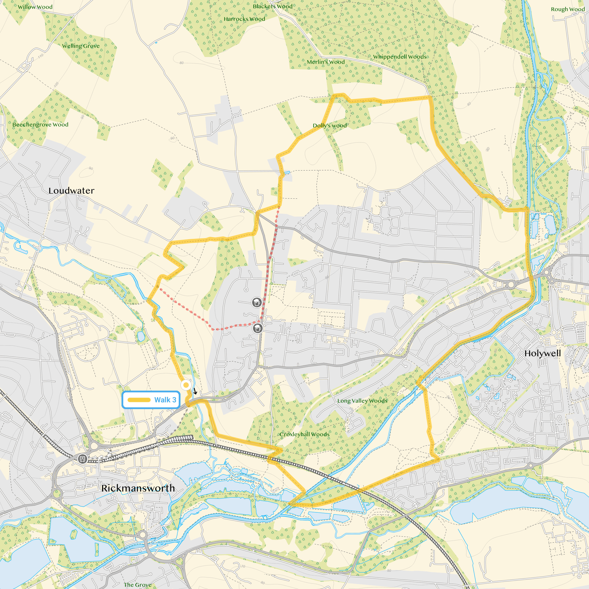 Route map for Croxley Green Walk 3, a 6.25 mile circular walk in Hertfordshire