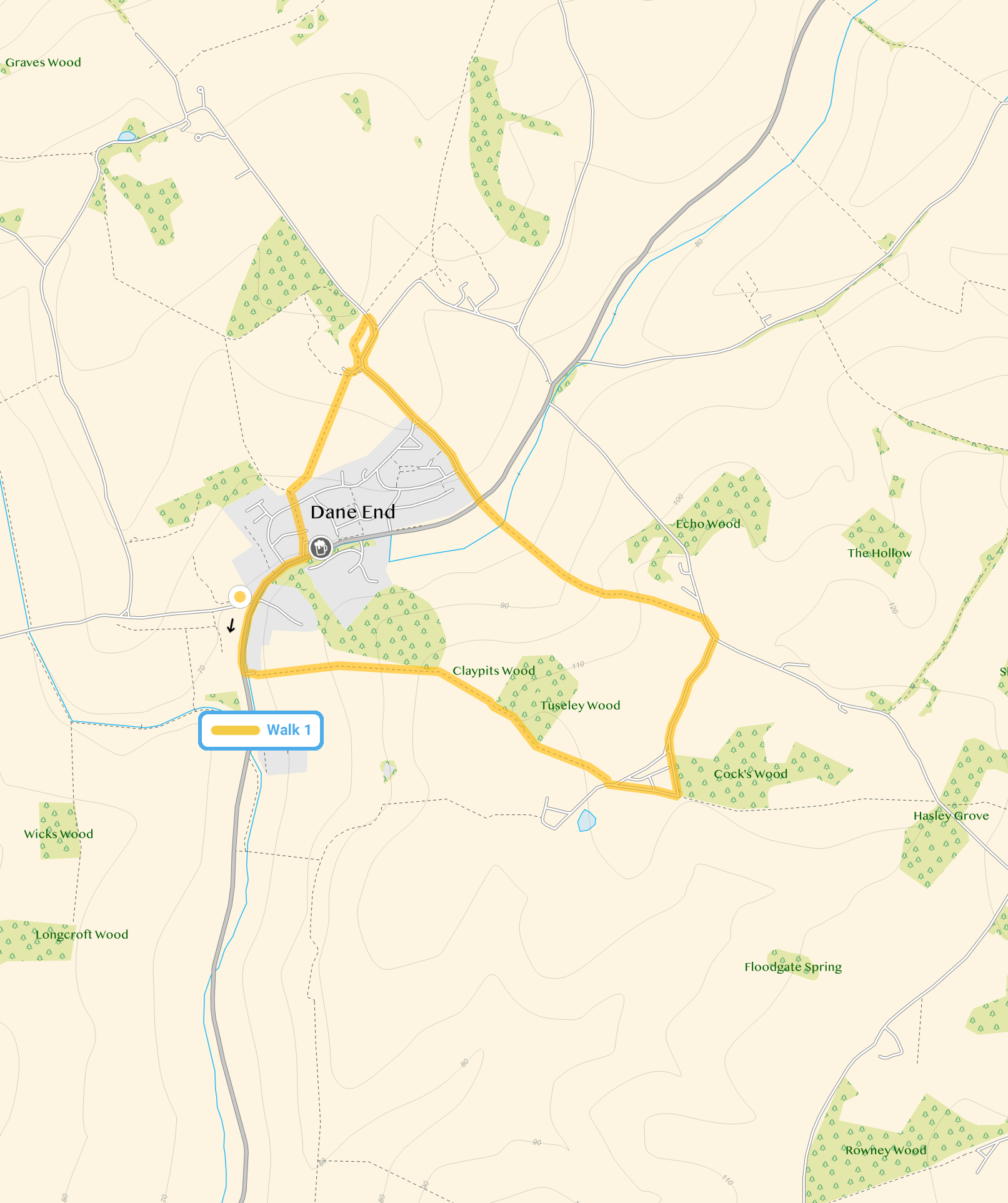 Route map for Dane End Walk 1, a 2.25 mile circular walk in Hertfordshire