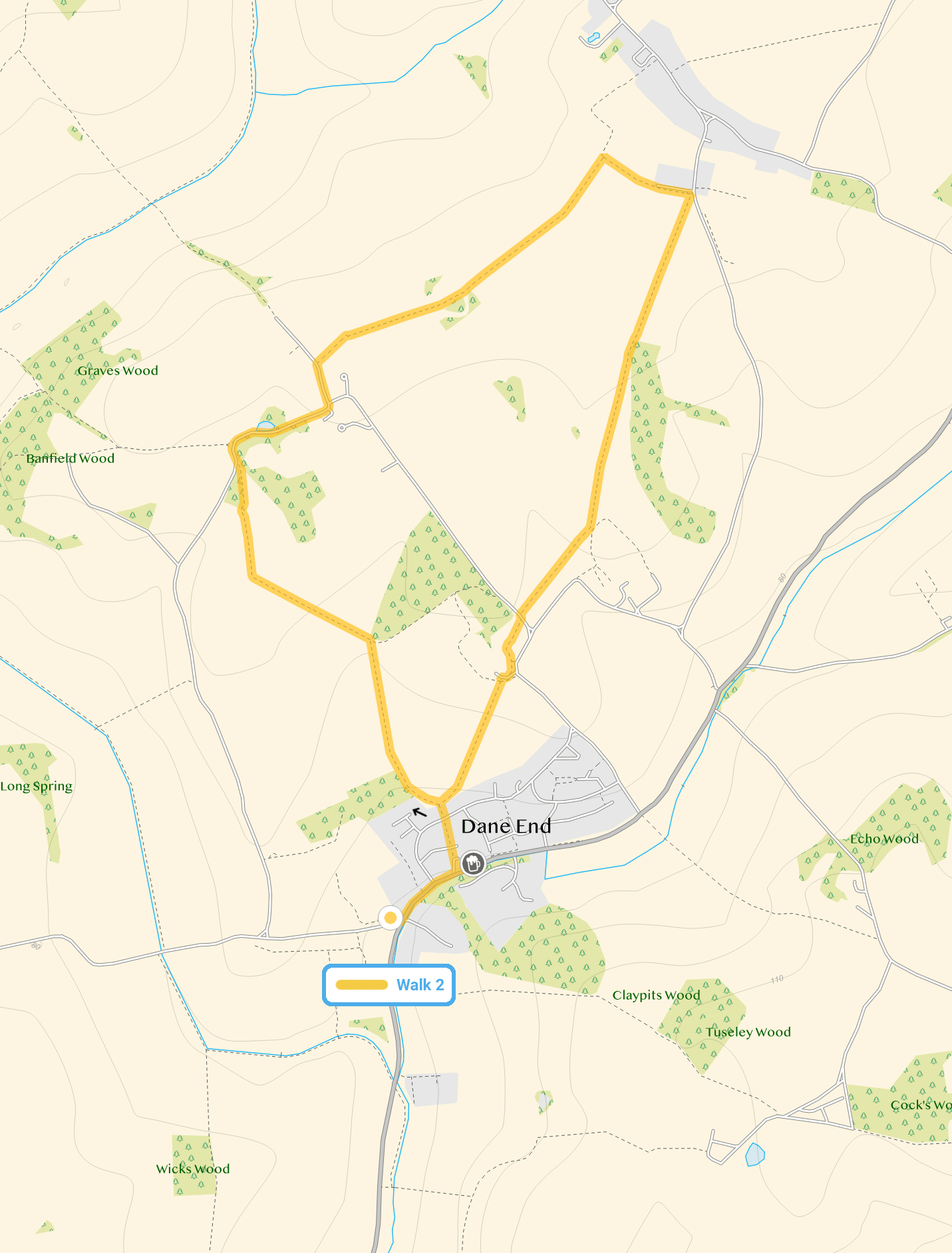 Route map for Dane End Walk 2, a 2.5 mile circular walk in Hertfordshire