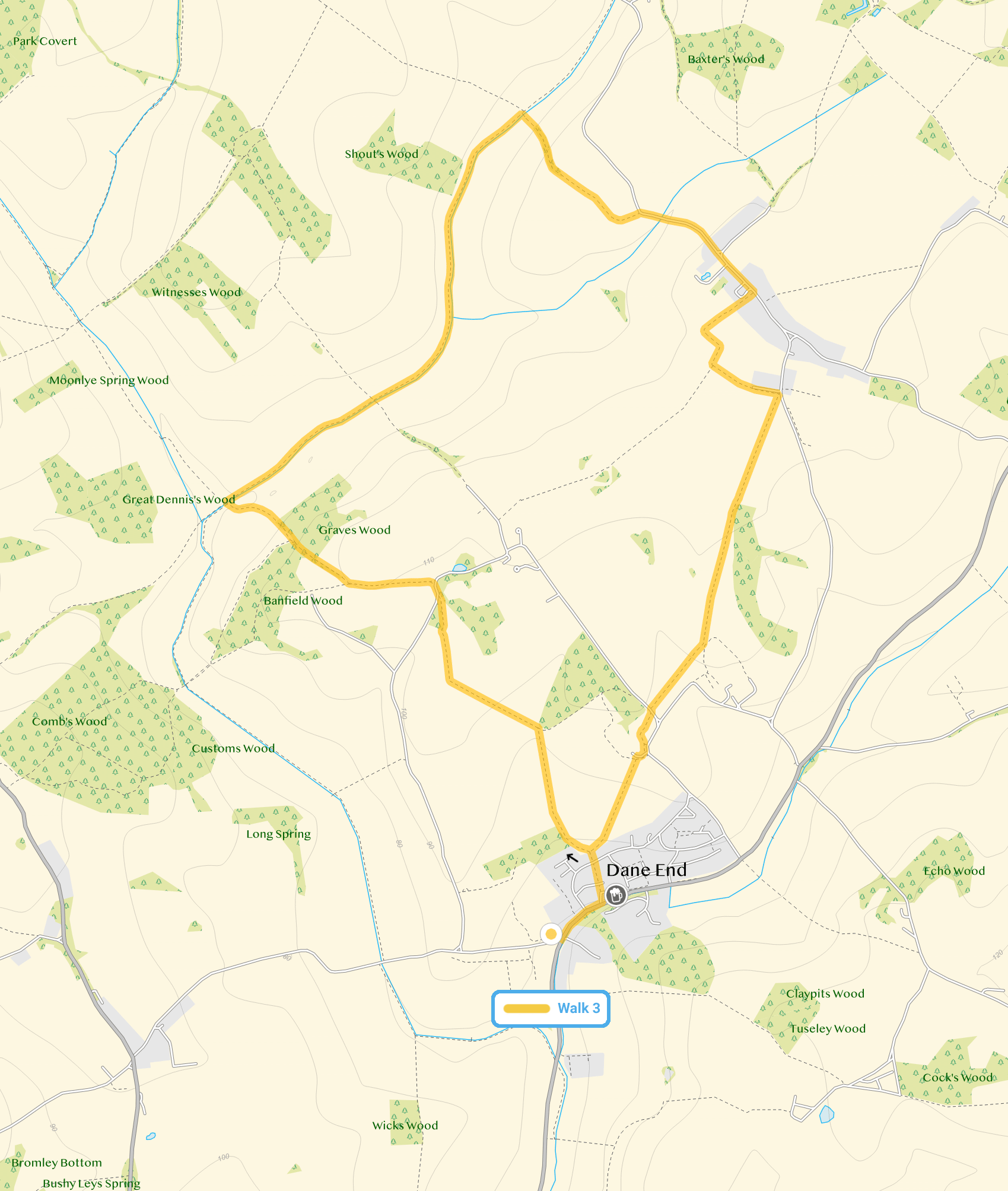 Route map for Dane End Walk 3, a 4.25 mile circular walk in Hertfordshire
