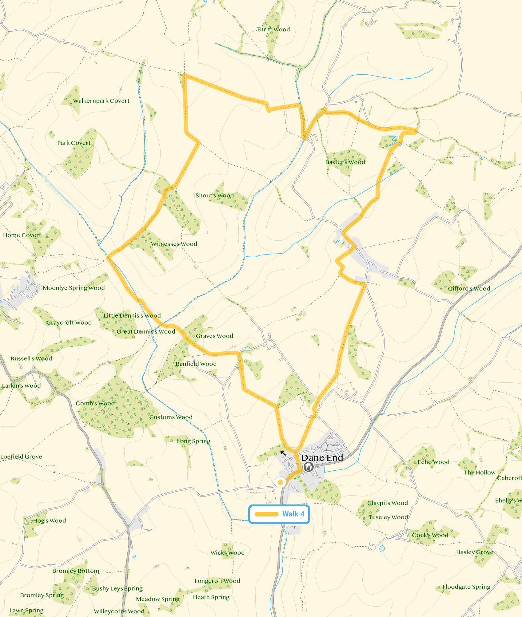 Route map for Dane End Walk 4, a 6.5 mile circular walk in Hertfordshire