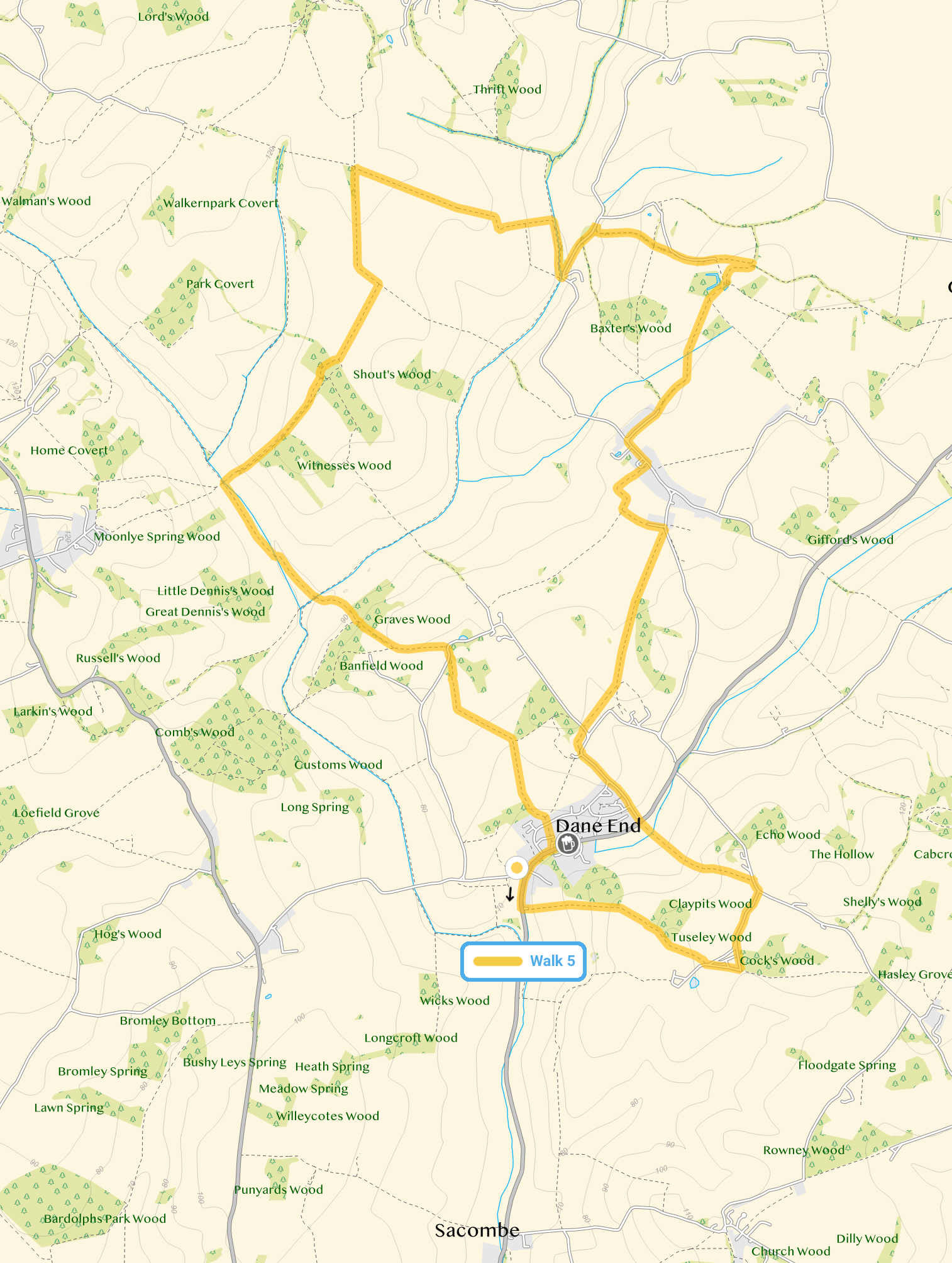 Route map for Dane End Walk 5, an 8 mile circular walk in Hertfordshire