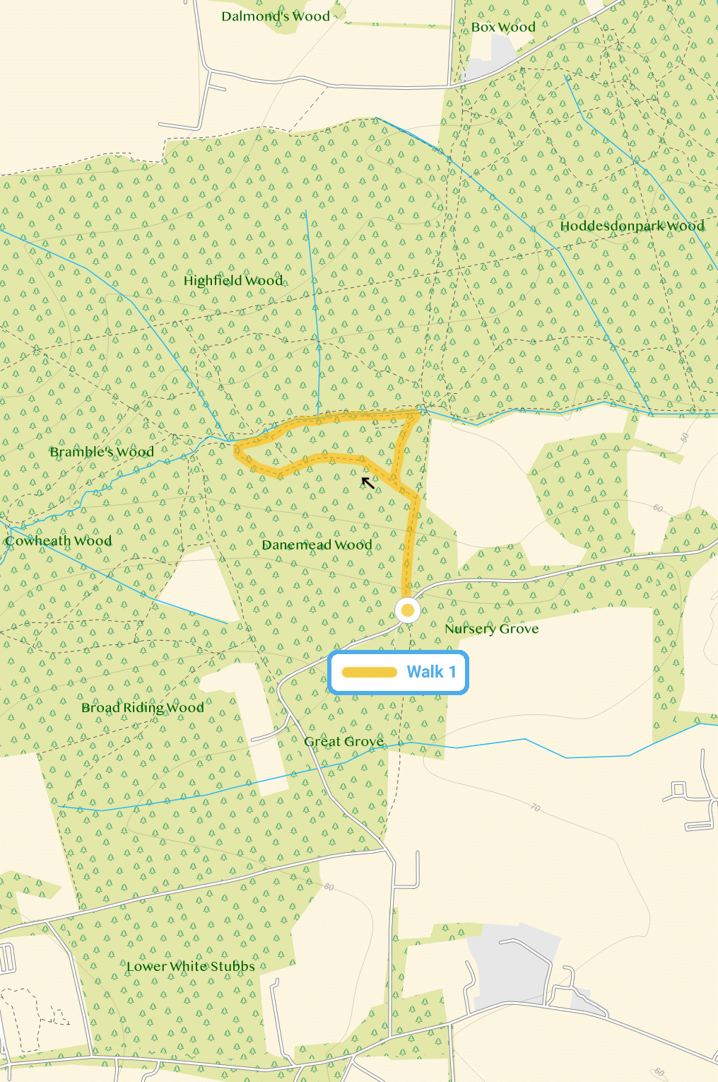 Route map for Danemead Wood Walk 1, a 1 mile circular walk in Hertfordshire