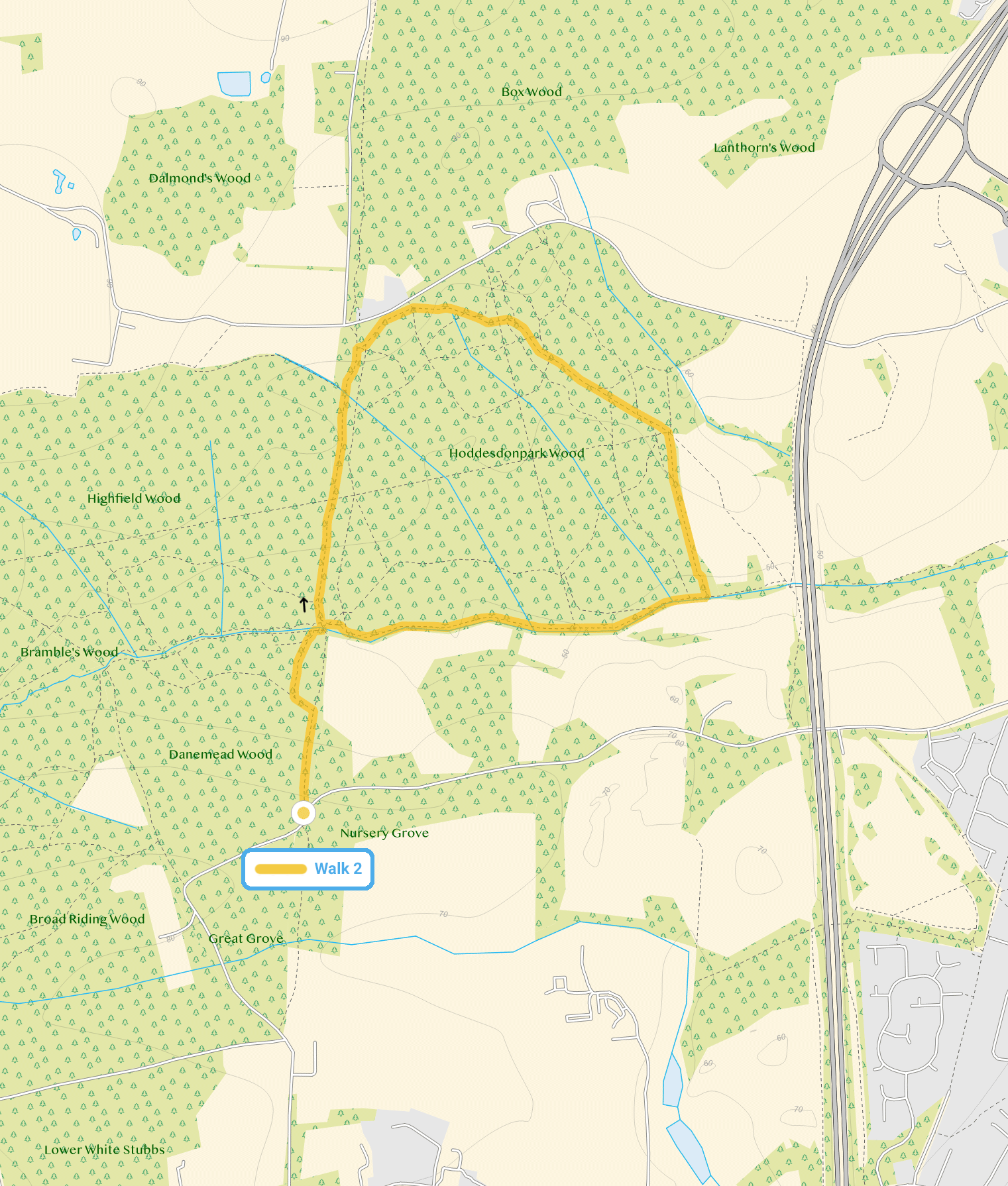 Route map for Danemead Wood Walk 2, a 2.25 mile circular walk in Hertfordshire