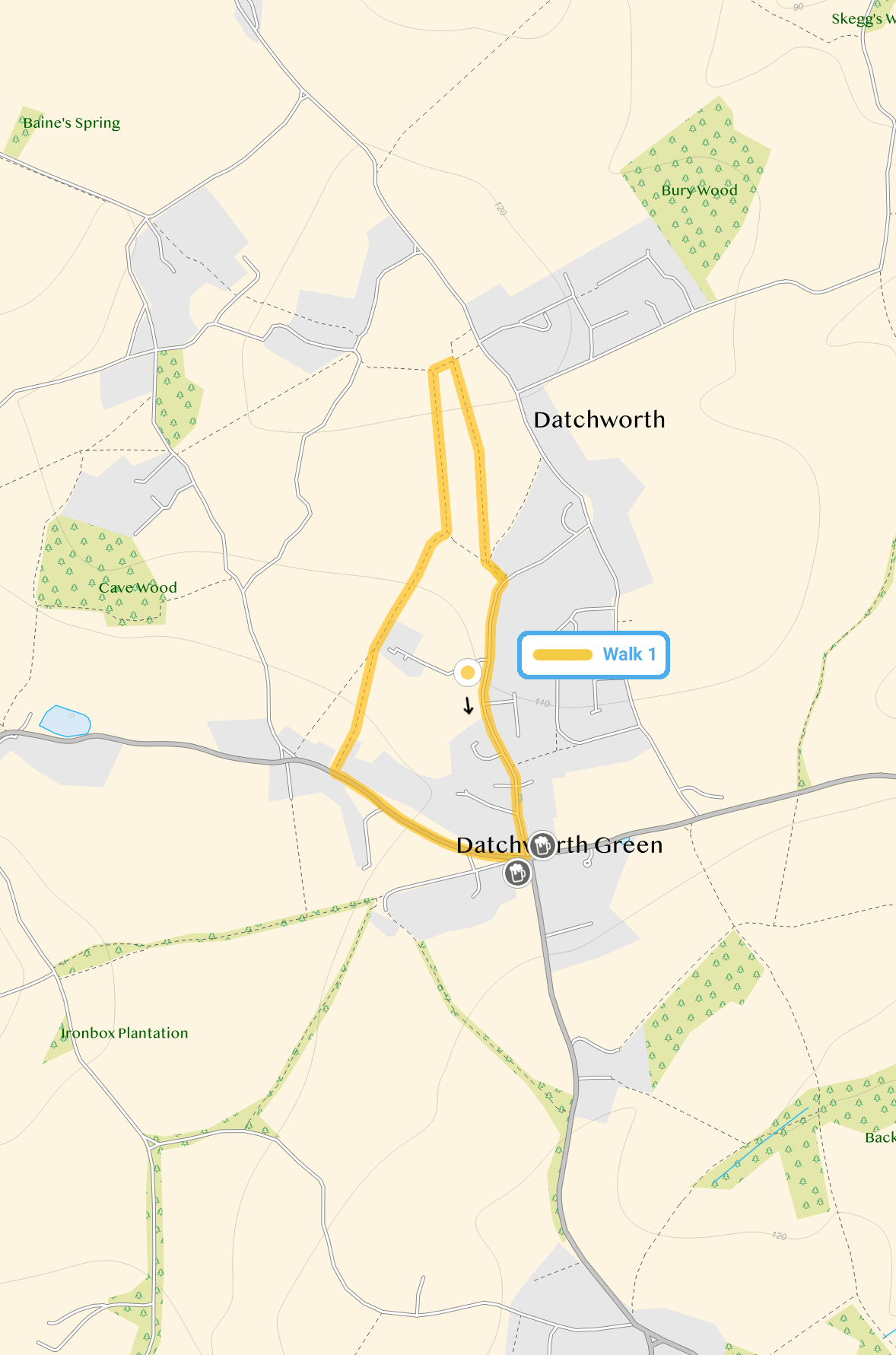 Route map for Datchworth Green Walk 1, a 1.5 mile circular walk in Hertfordshire