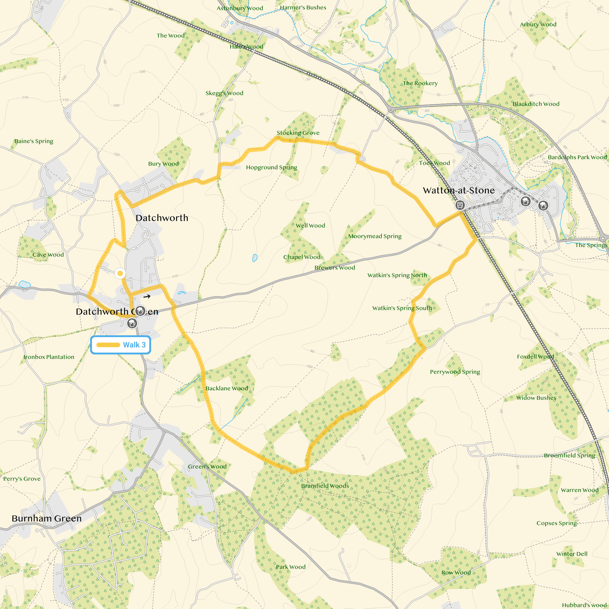 Route map for Datchworth Green Walk 3, a 6.75 mile circular walk in Hertfordshire
