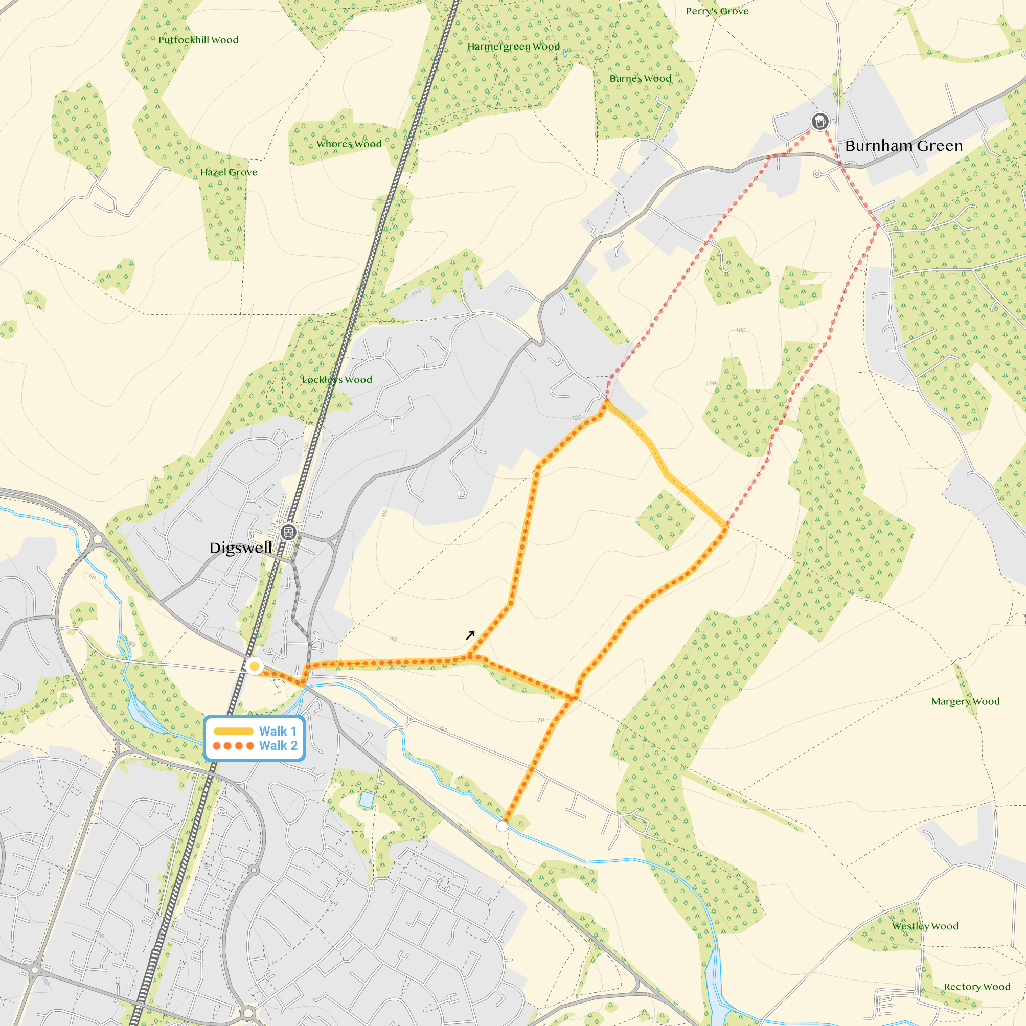 Route map for Digswell Walk 1, a 3 mile circular walk in Hertfordshire