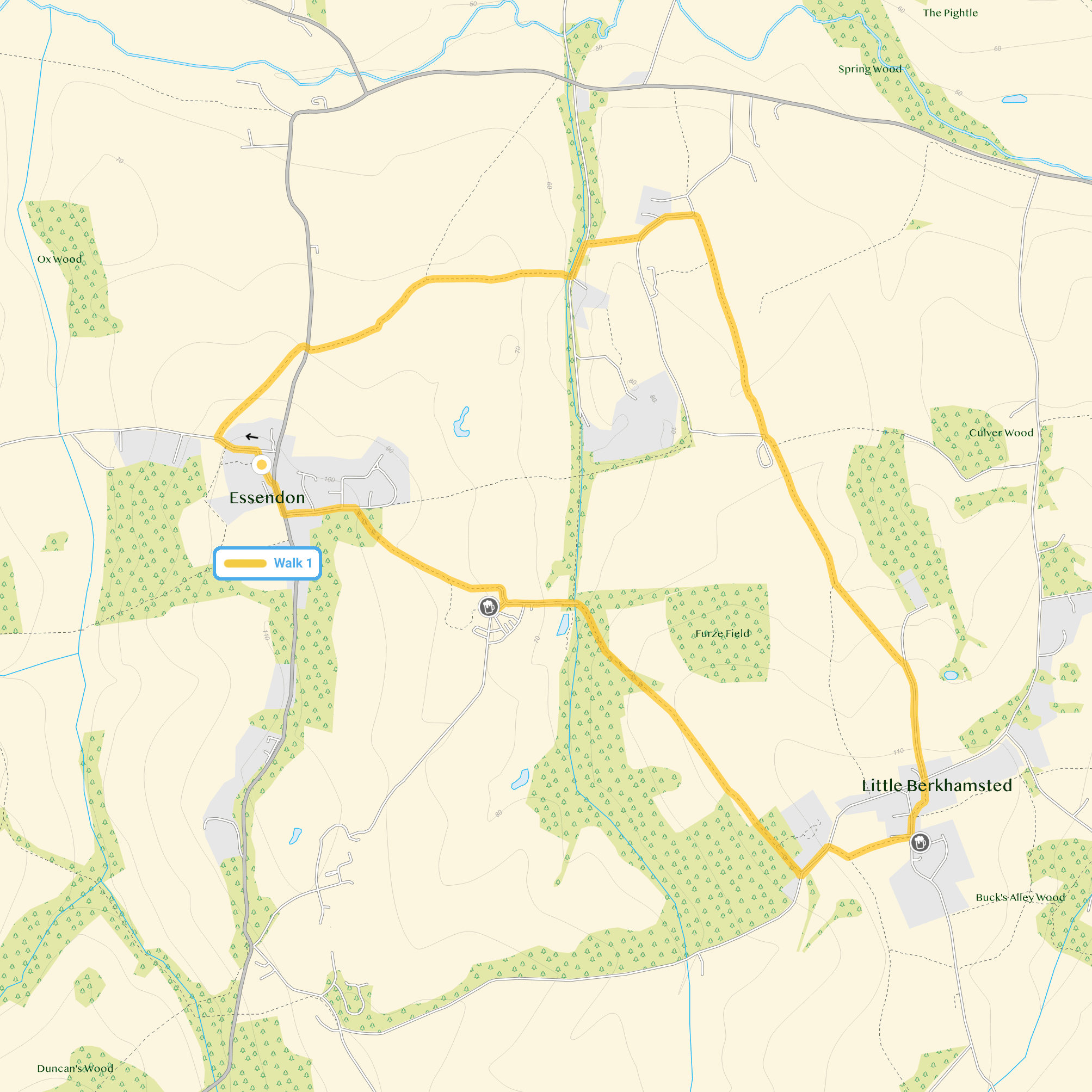 Route map for Essendon Walk, a 3.75 mile circular walk in Hertfordshire