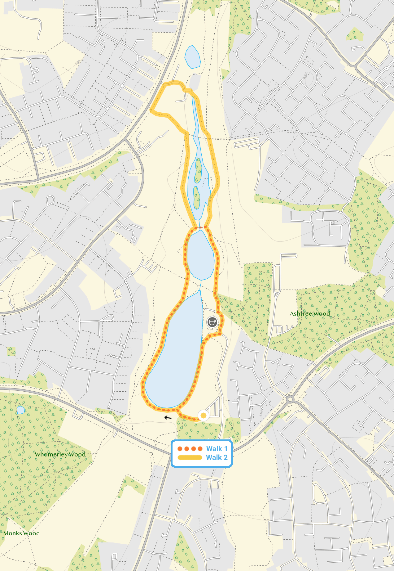 Route map for Fairlands Park Walk 1, a 1 mile circular walk in Hertfordshire
