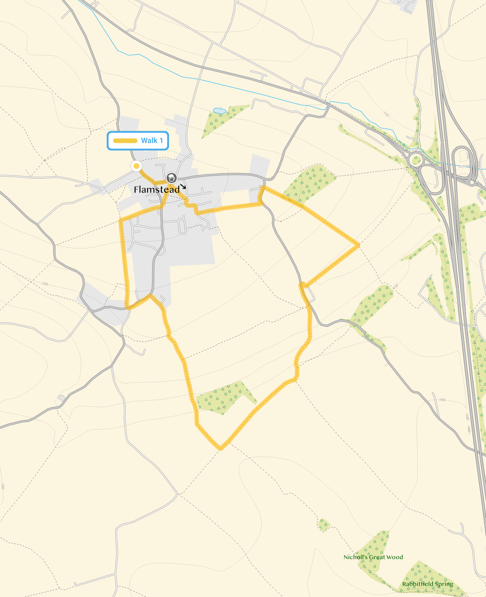 Route map for Flamstead Walk 1, a 2.75 mile circular walk in Hertfordshire