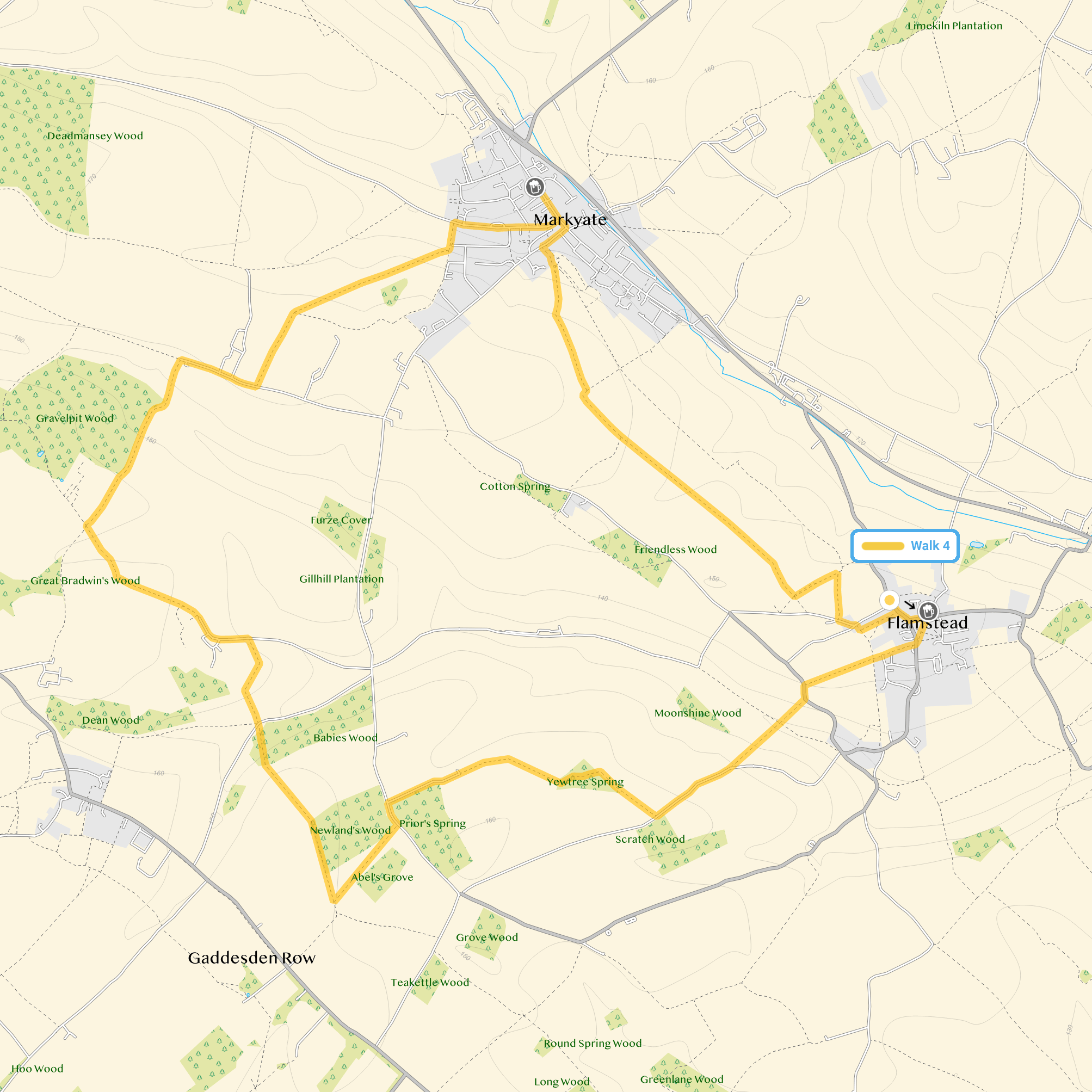 Route map for Flamstead Walk 3, an 8 mile circular walk in Hertfordshire